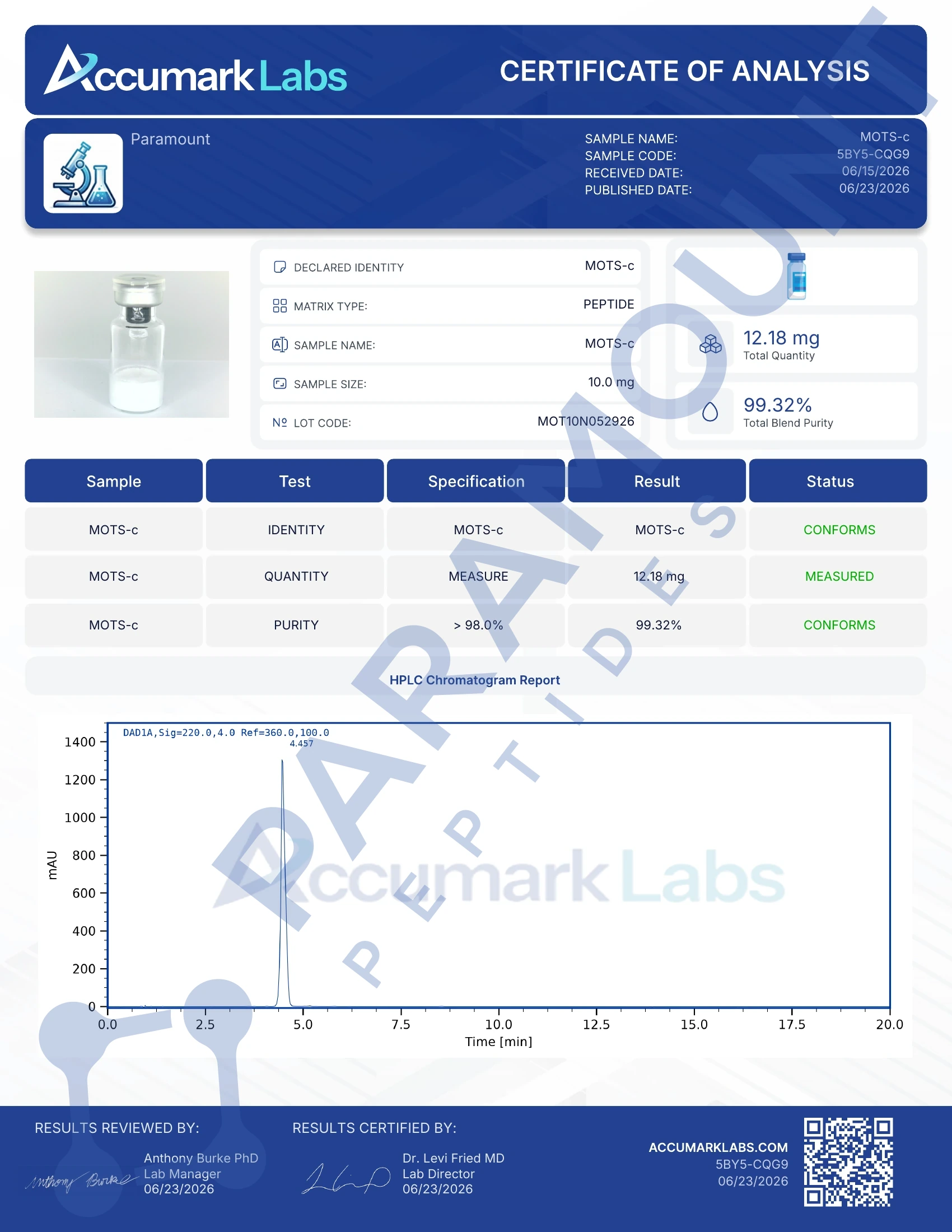 Certificate of Analysis for MOTS-c (10mg) from Paramount Peptides