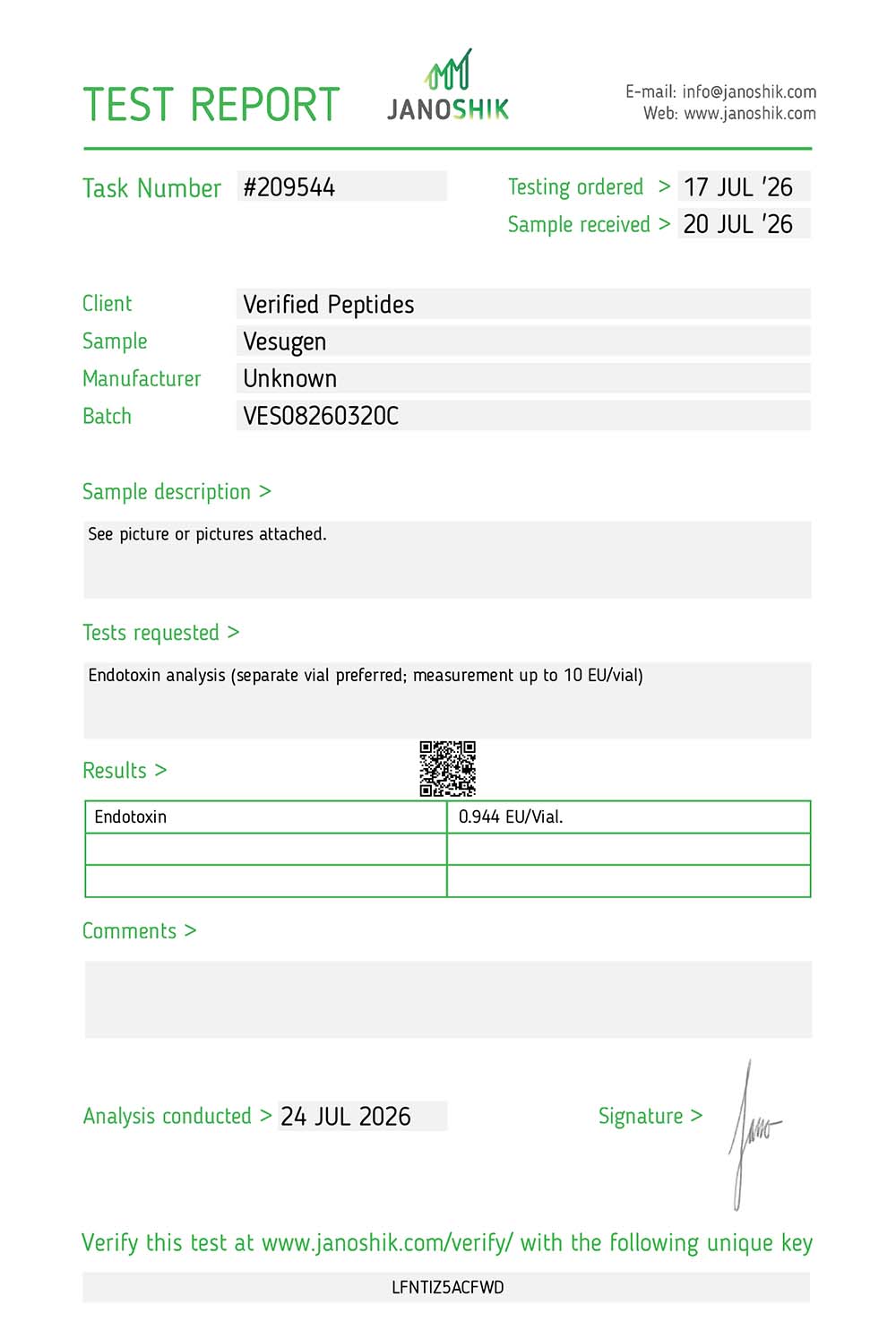 Certificate of Analysis for Vesugen Peptide (20MG) from Verified Peptides