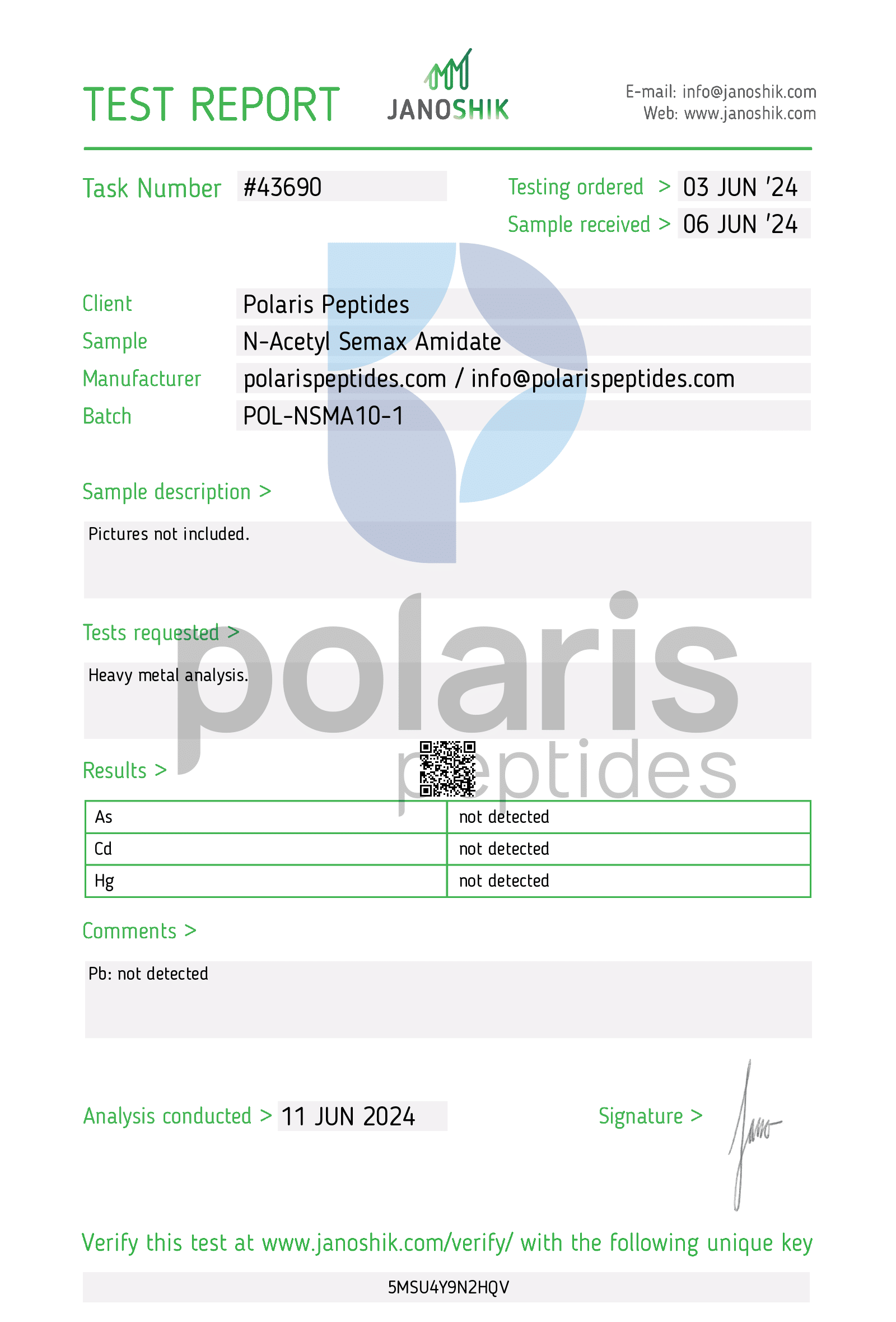 Certificate of Analysis for N-Acetyl Semax Amidate 10mg from Polaris Peptides