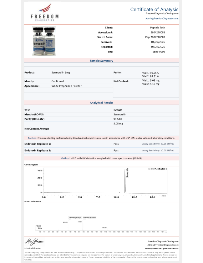 Certificate of Analysis for Sermorelin 5mg from Peptide Tech
