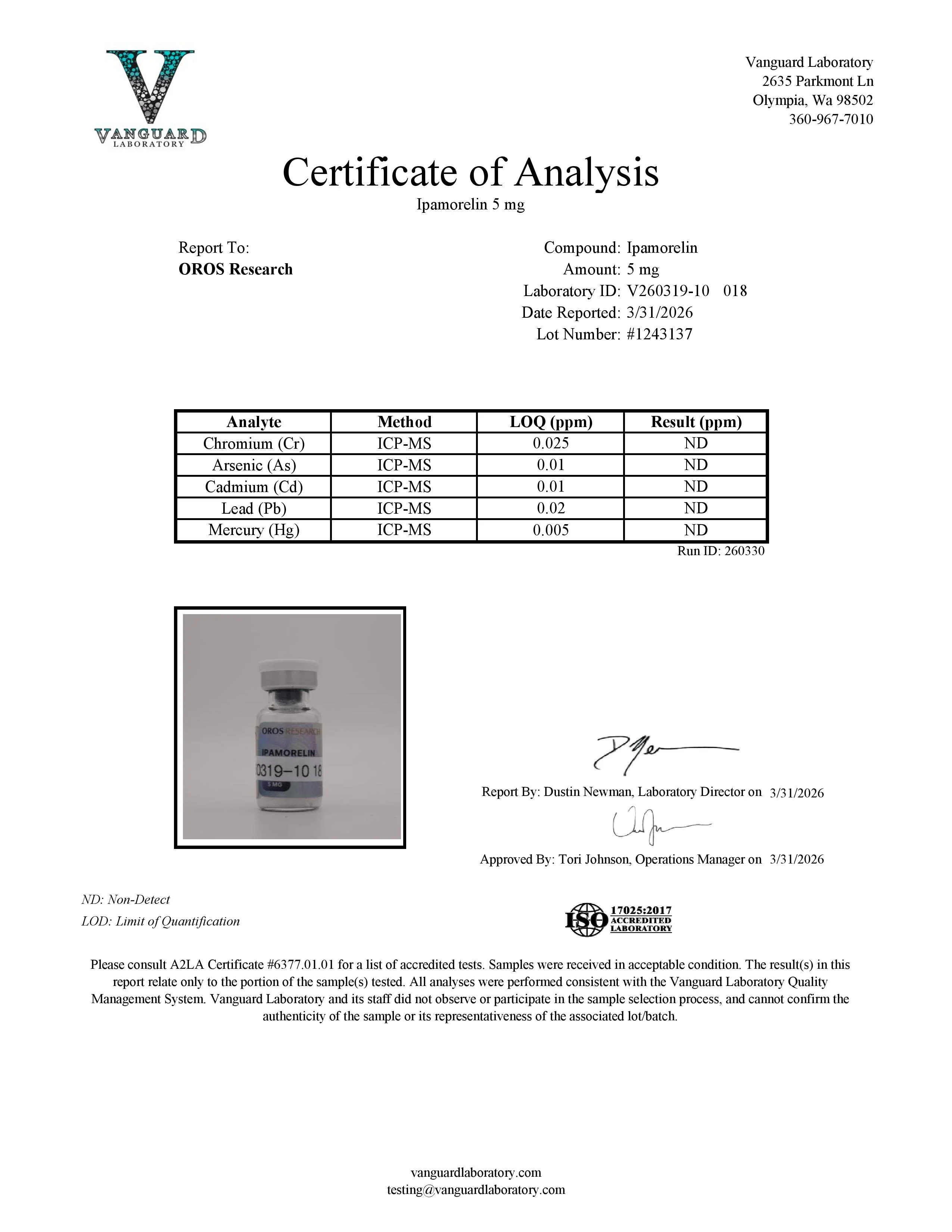 Certificate of Analysis for Ipamorelin from Oros Research