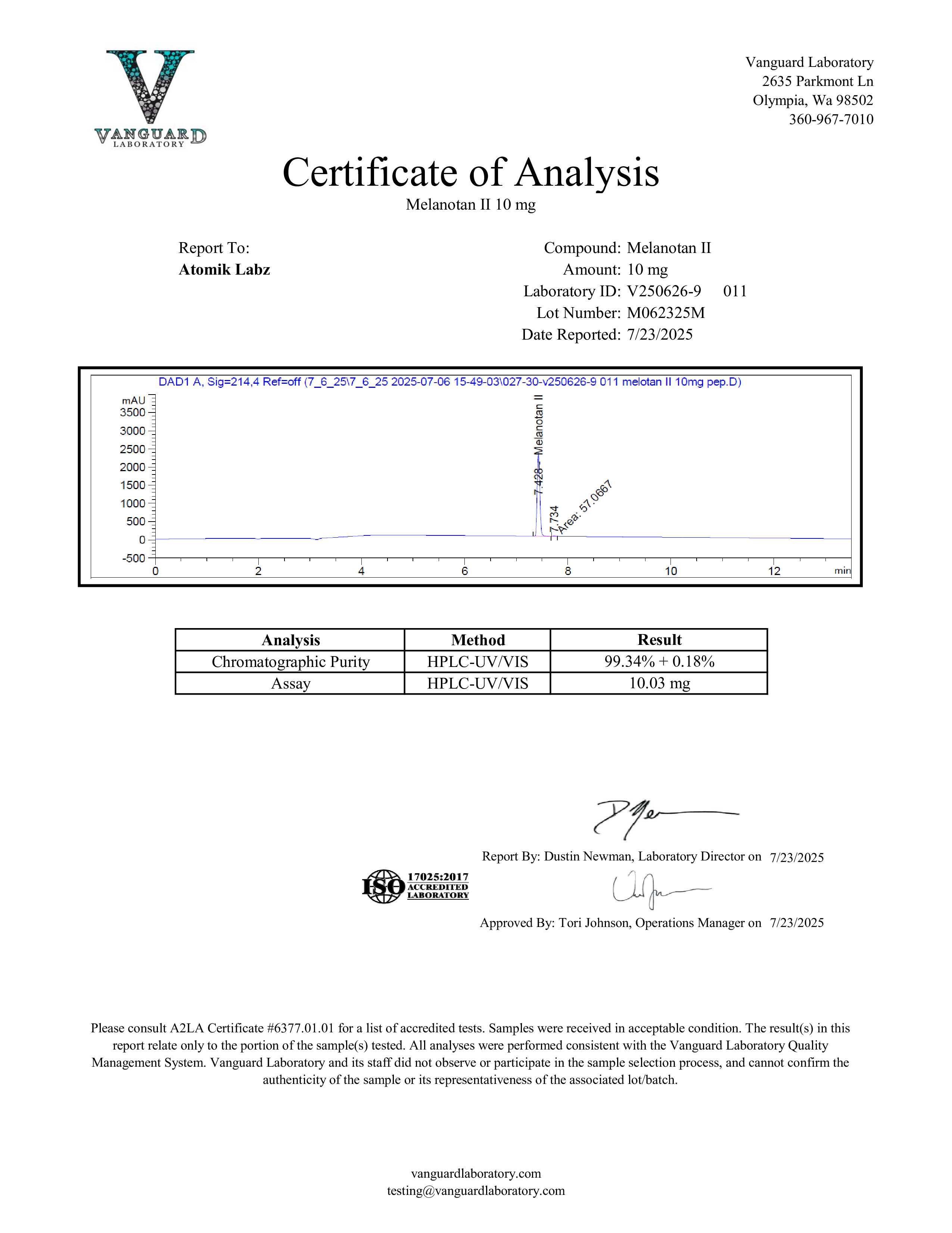 Certificate of Analysis for Melanotan II from Atomik Labz