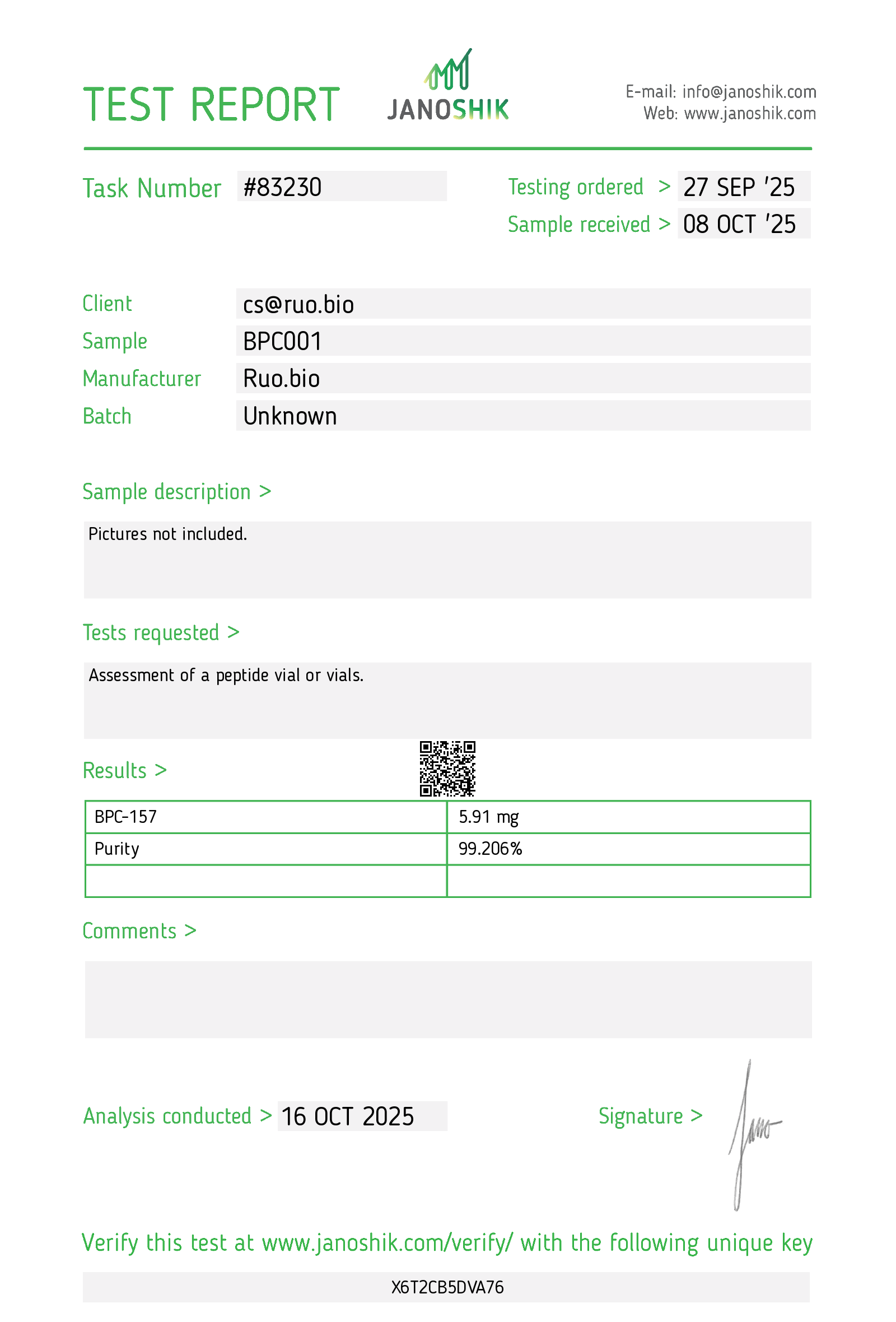 Certificate of Analysis for BPC-157 (5mg) from RUO