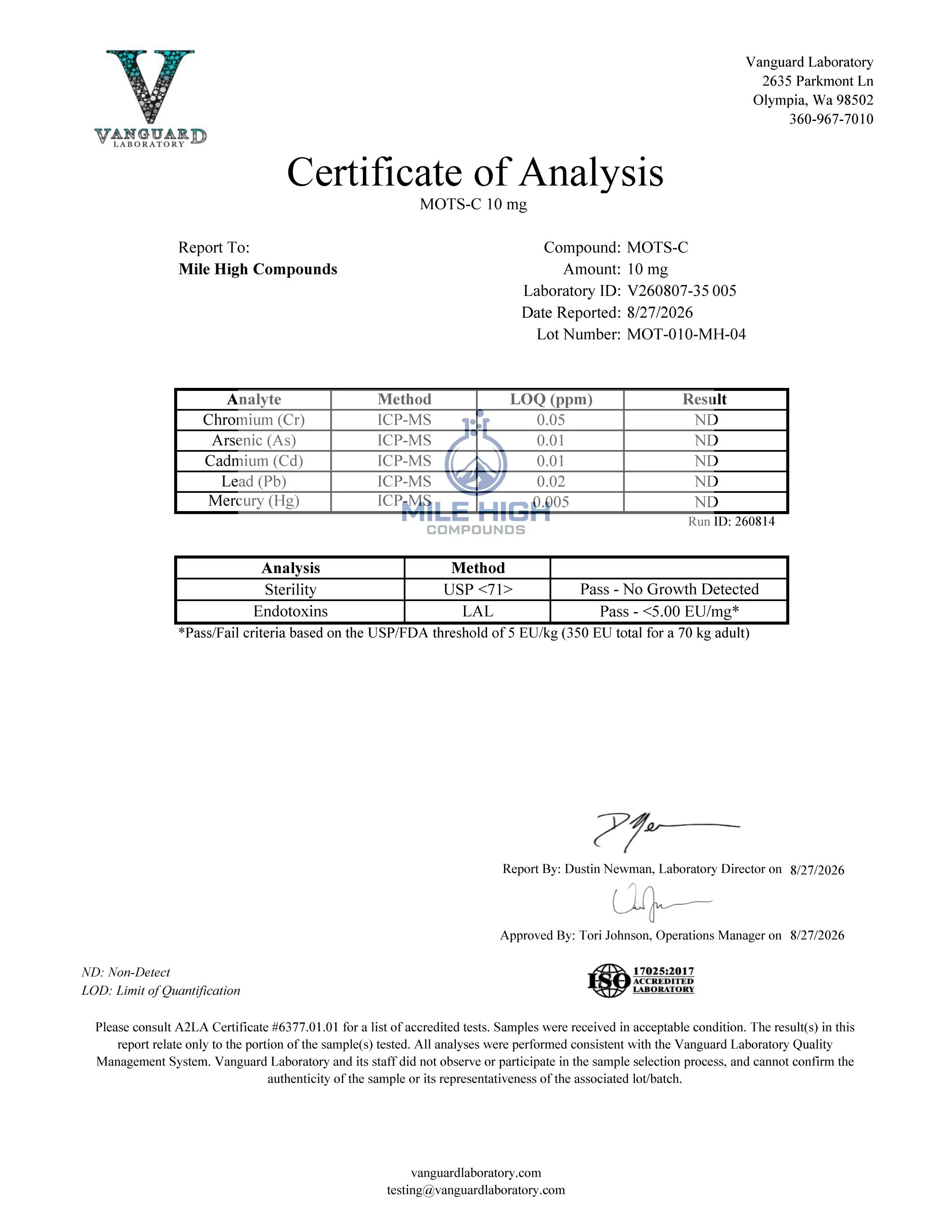 Certificate of Analysis for Mots C from Mile High Compounds