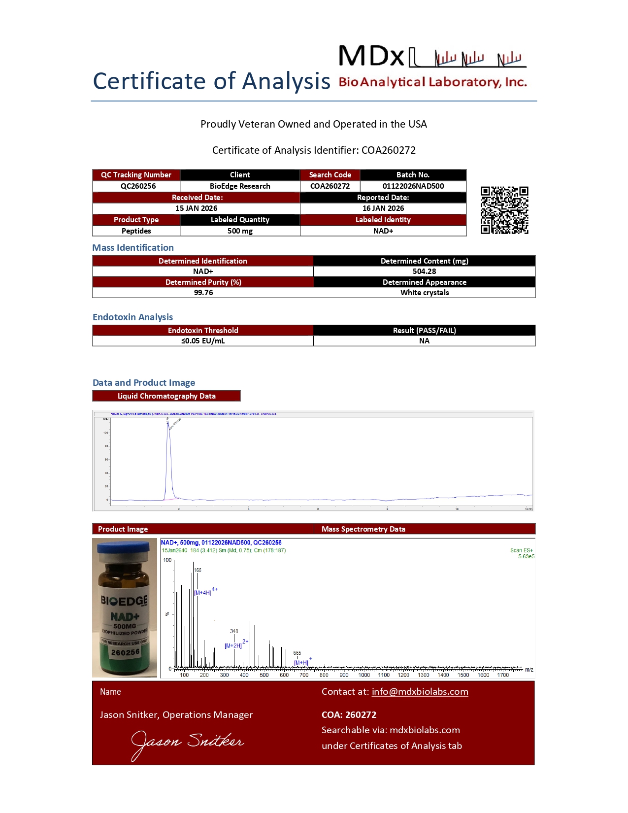Certificate of Analysis for NAD+ (500mg) from BioEdge Research Labs