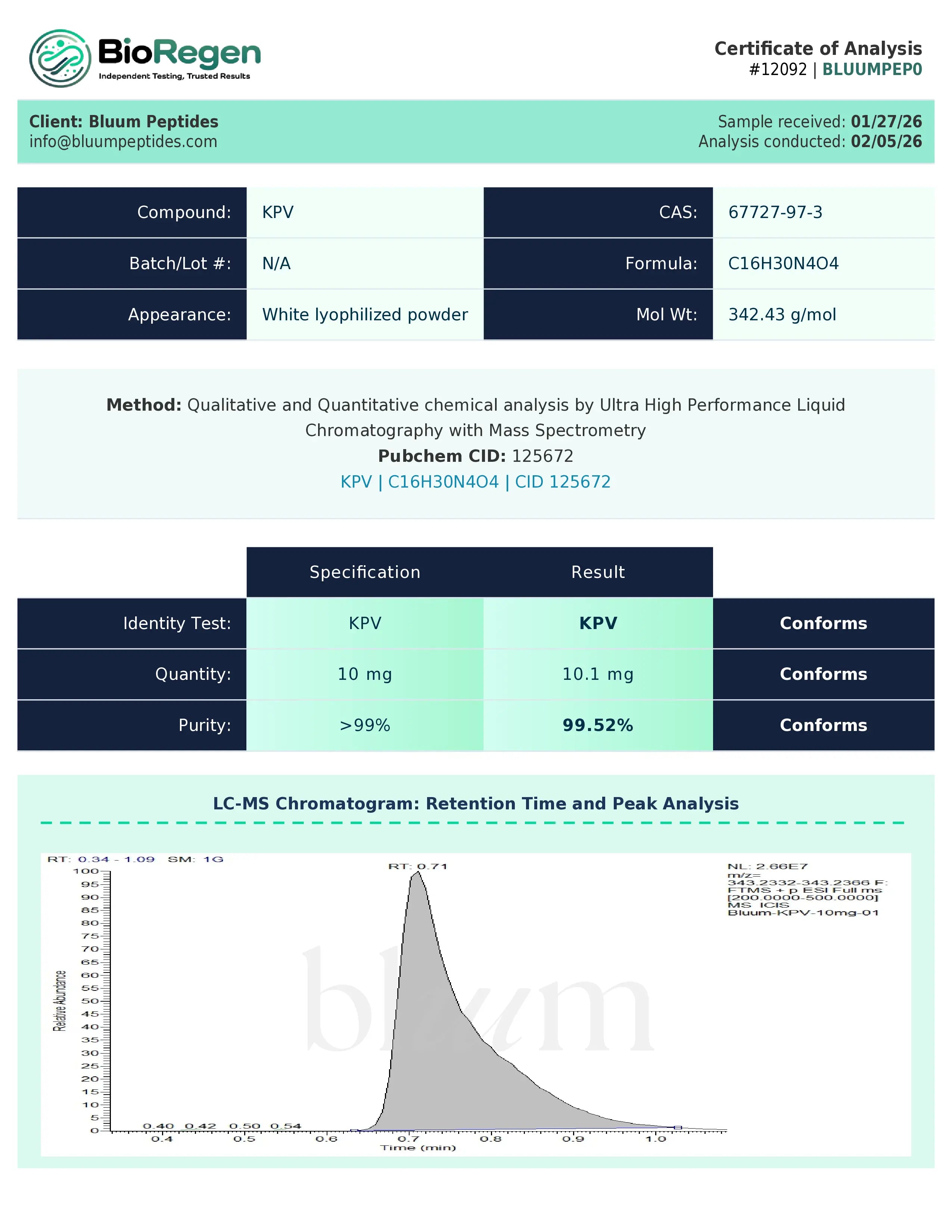 Certificate of Analysis for KPV from Bluum Peptides
