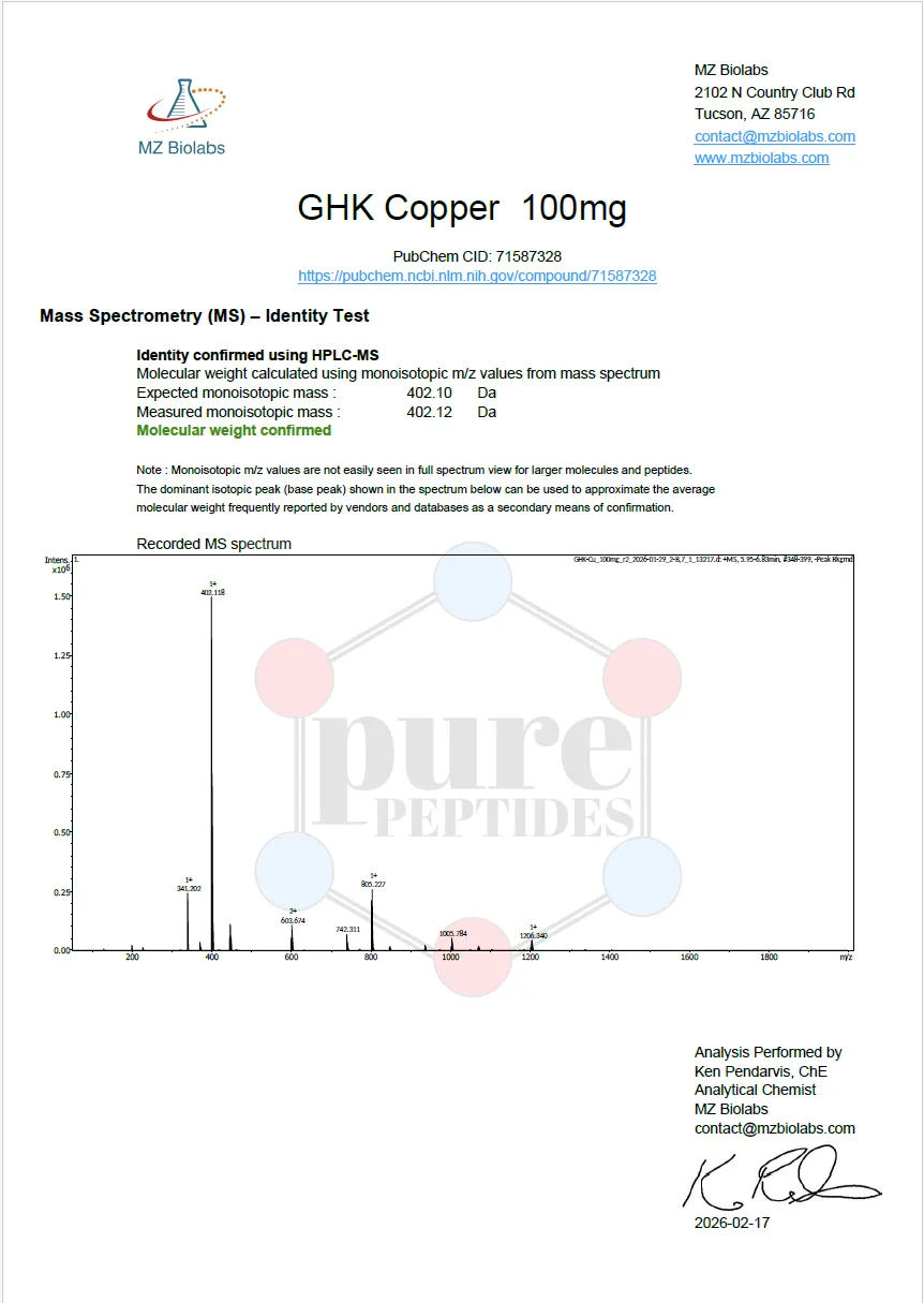 Certificate of Analysis for BUY GHK CU from Pure Peptides Bio