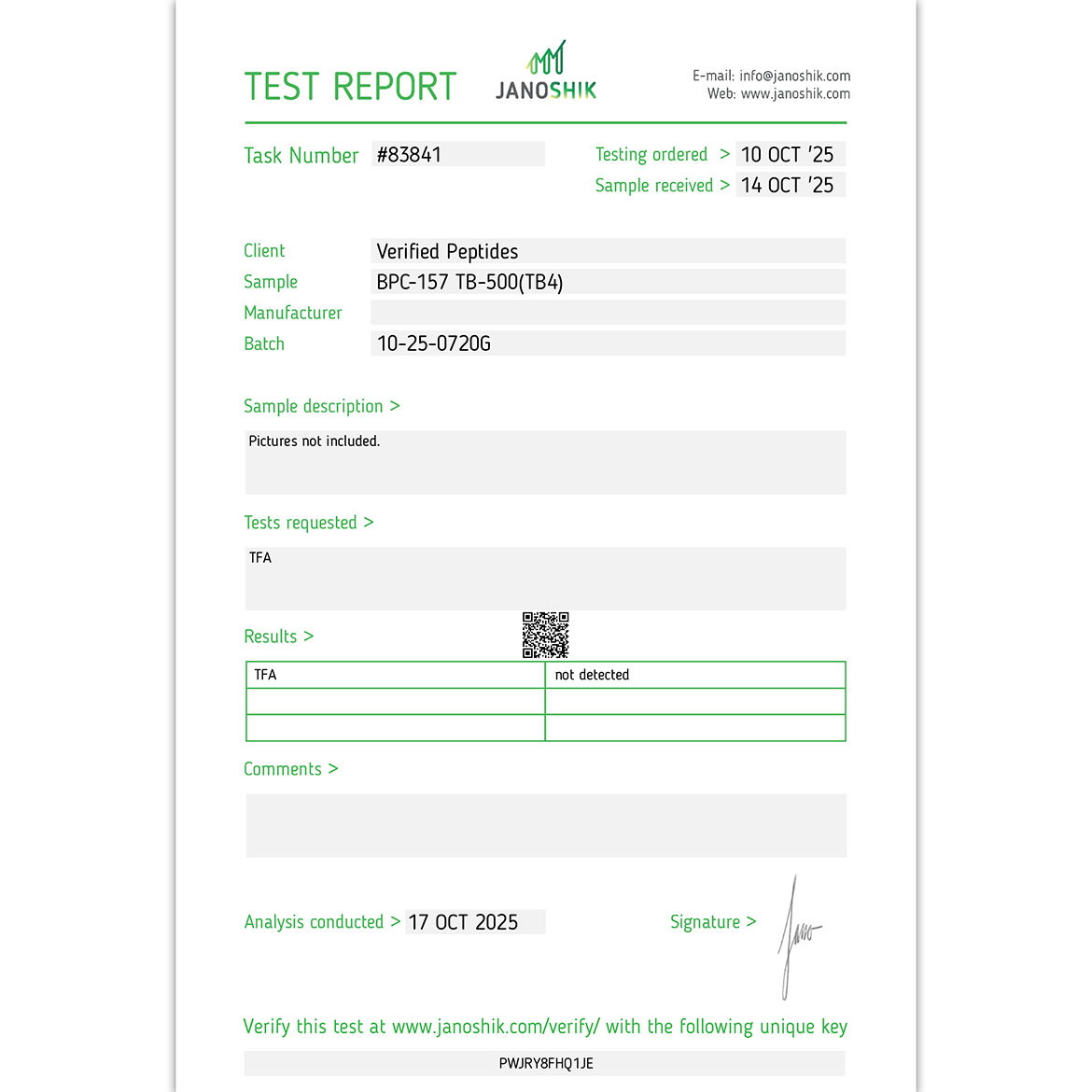 Certificate of Analysis for Blend: BPC-157 TB-500 Peptide (20MG) from Verified Peptides