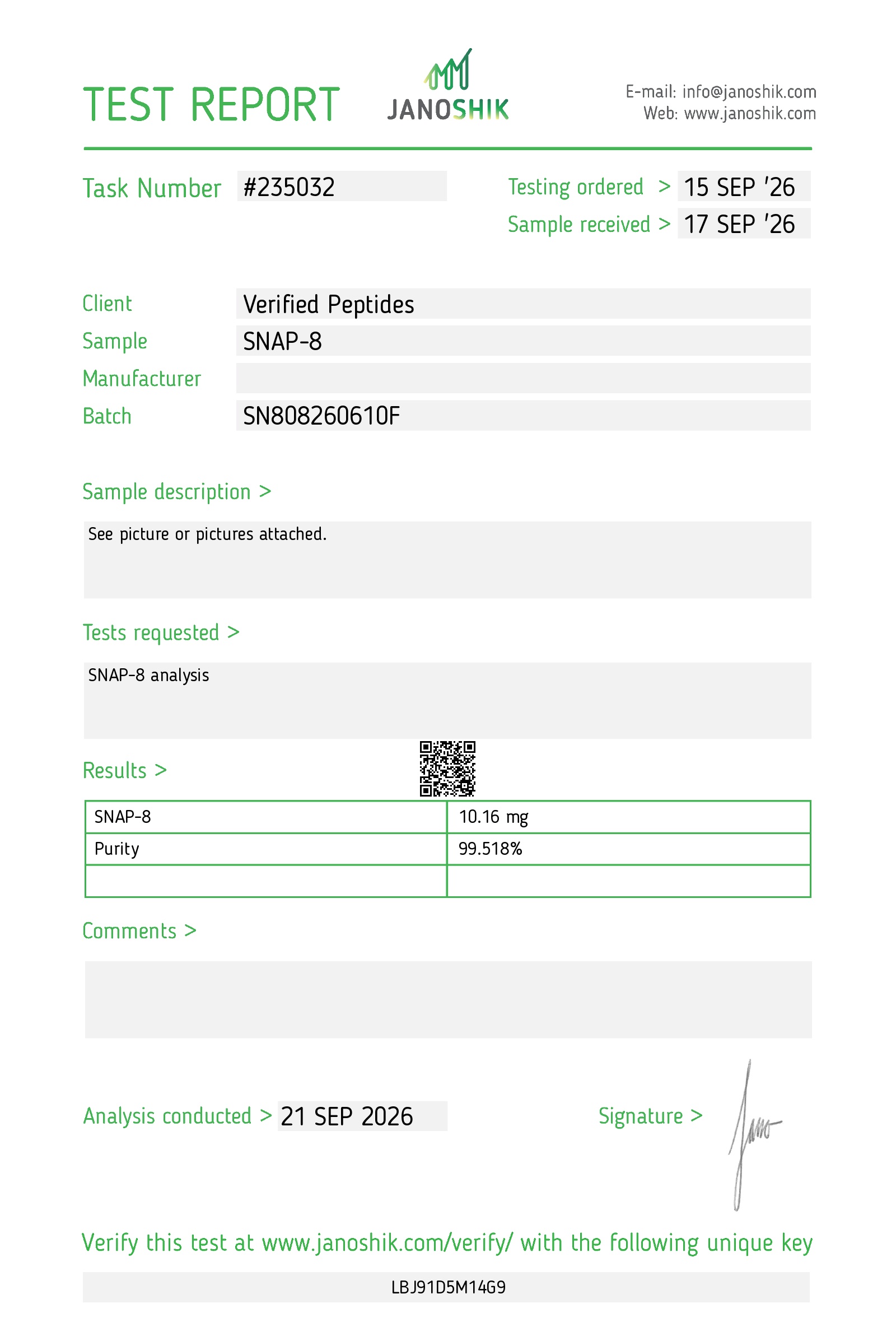Certificate of Analysis for SNAP-8 Peptide (10MG) from Verified Peptides