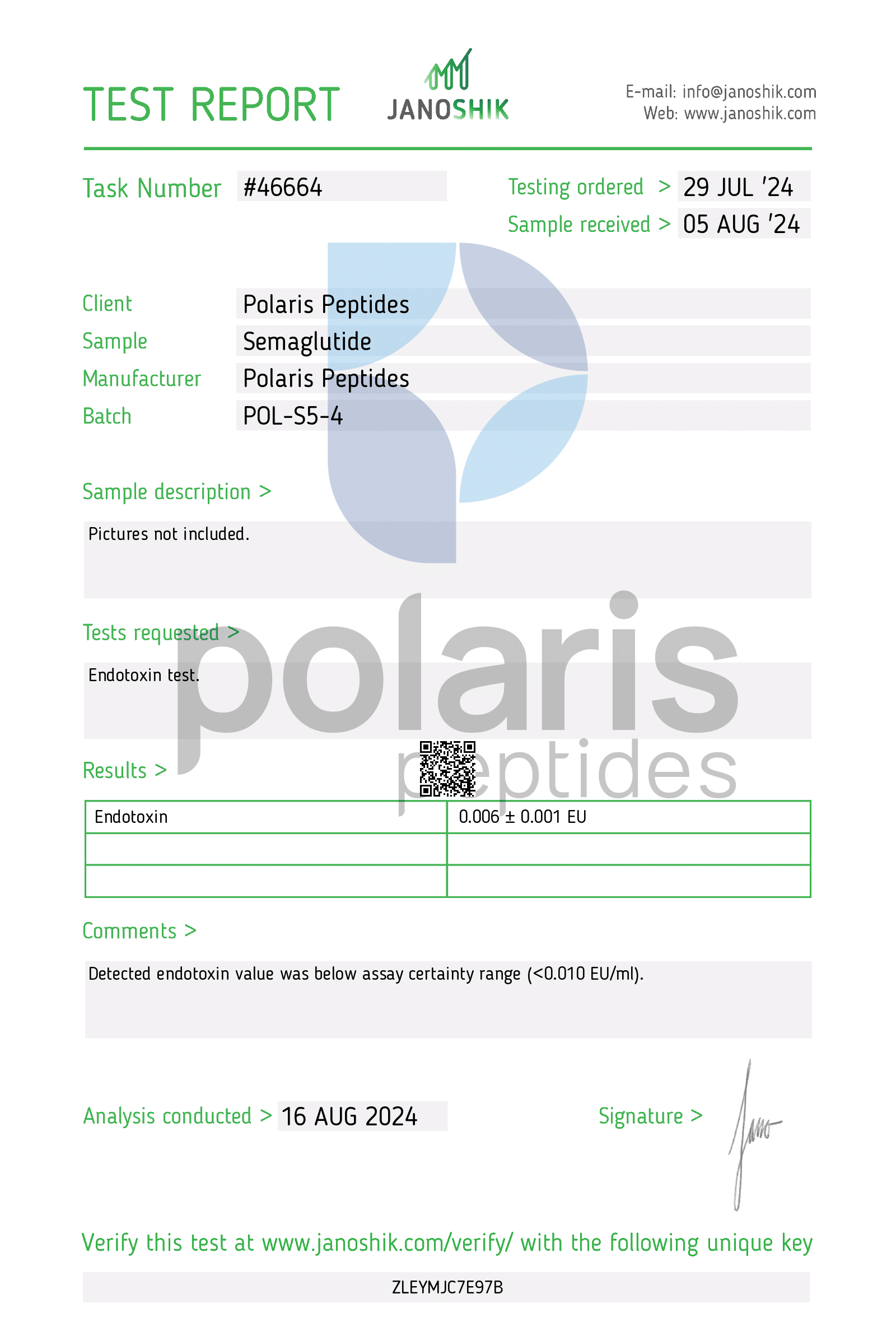Certificate of Analysis for Semaglutide 5mg from Polaris Peptides