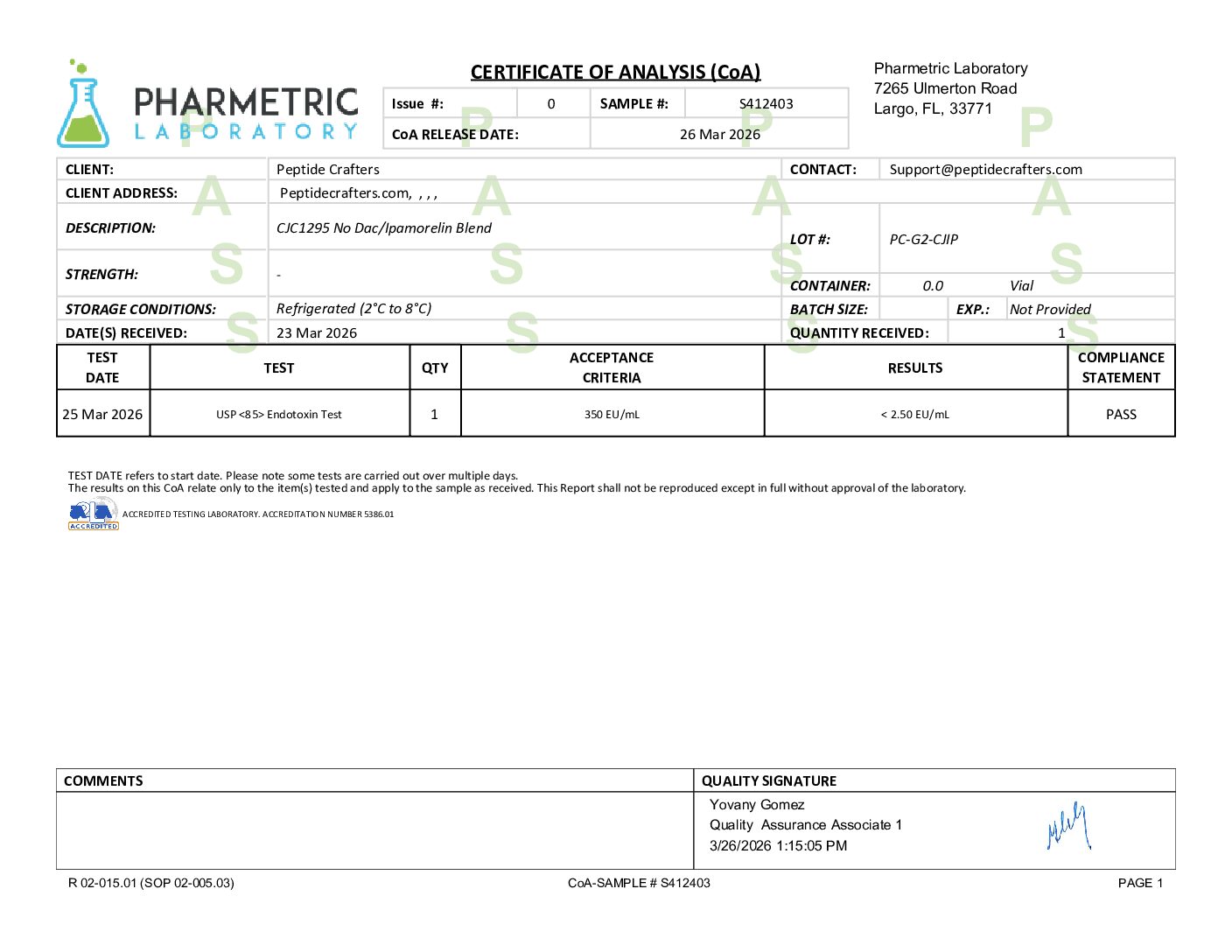 Certificate of Analysis for CJC-1295 No DAC - Mod GRF (1-29) & Ipamorelin 12mg (6mg/6mg) Blend from Peptide Crafters