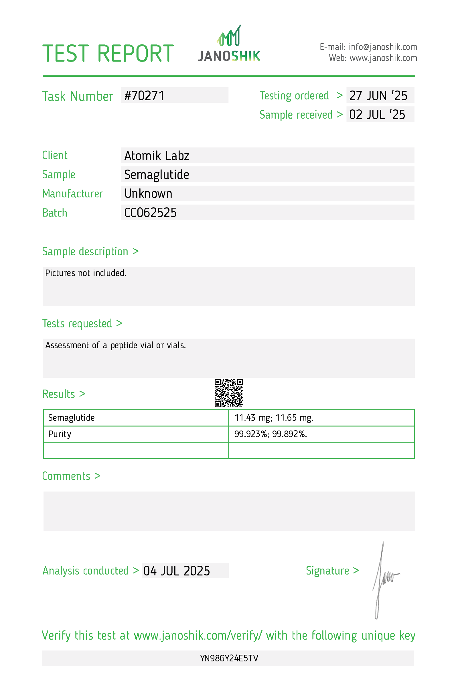 Certificate of Analysis for Semaglutide from Atomik Labz