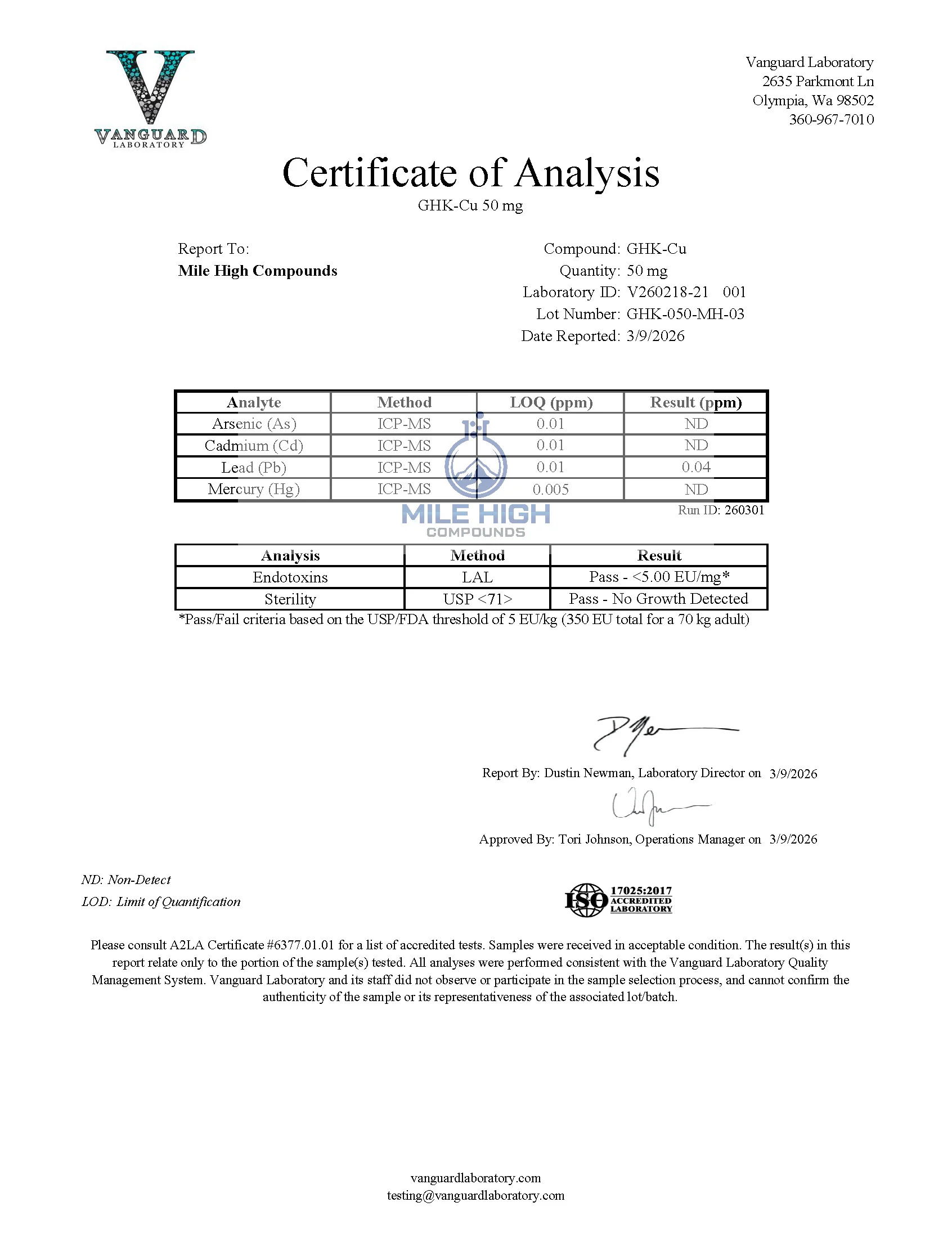 Certificate of Analysis for Ghk Cu from Mile High Compounds