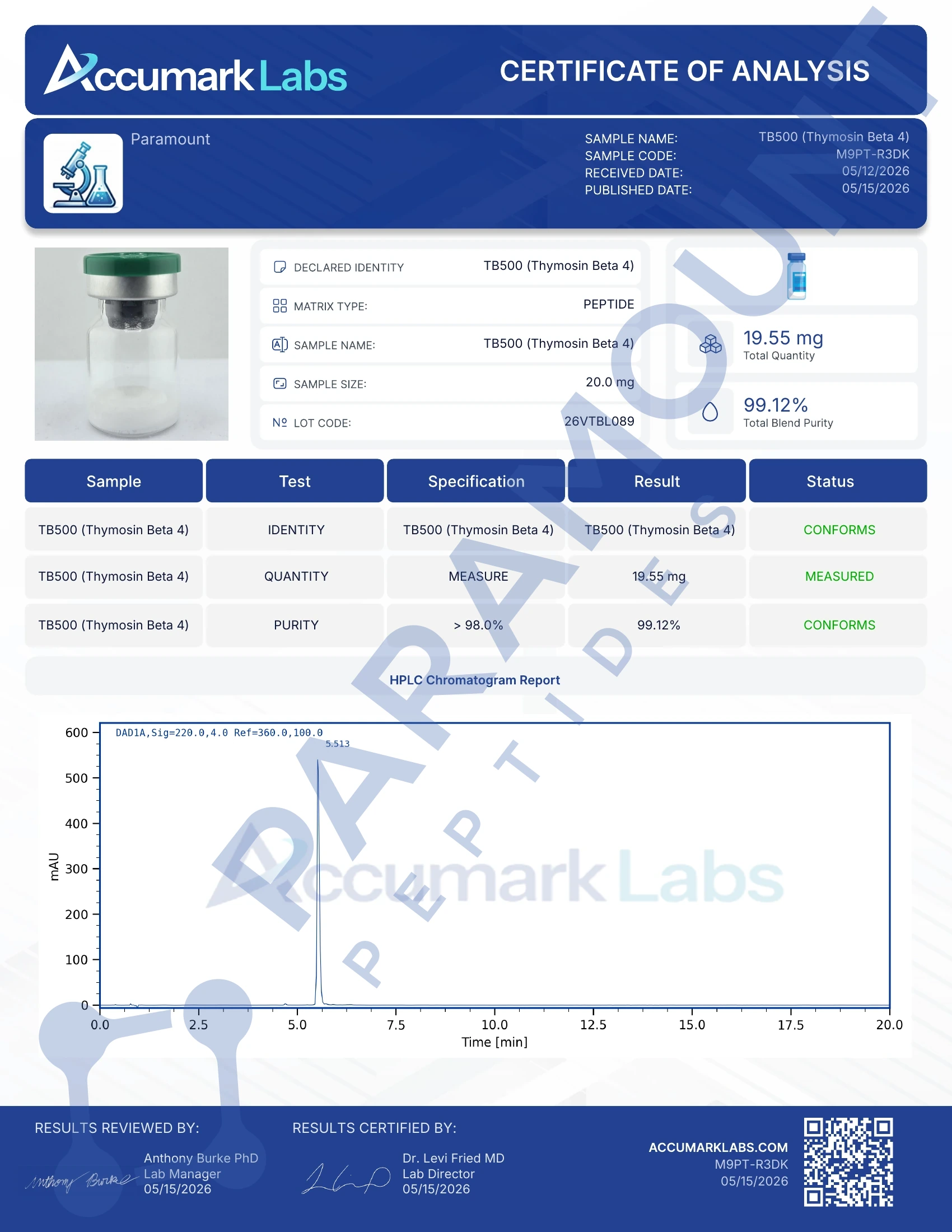 Certificate of Analysis for Thymosin Beta 4 (TB500) (20mg) from Paramount Peptides