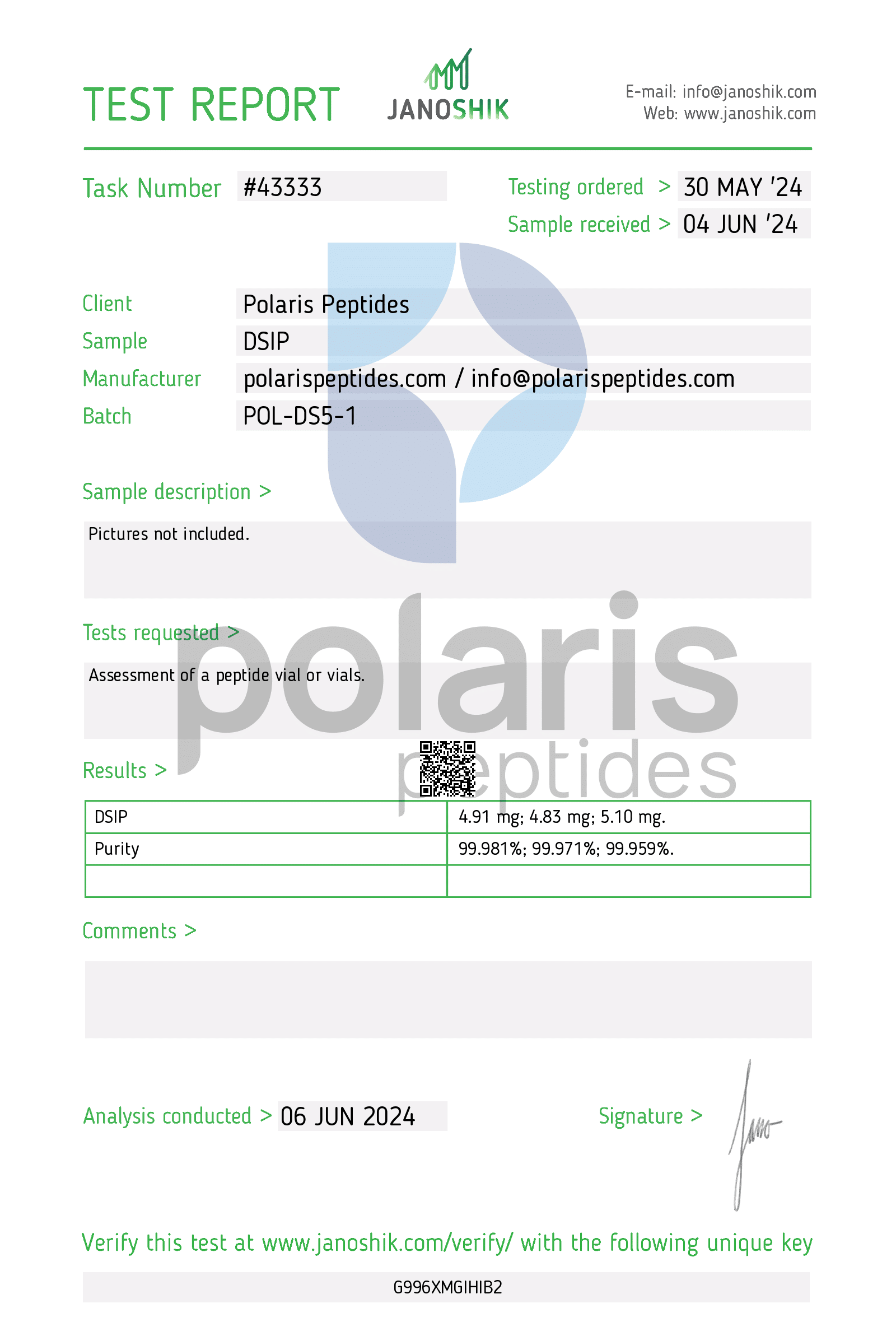 Certificate of Analysis for DSIP 5mg (Delta Sleep-Inducing Peptide) – tested at 7.5mg from Polaris Peptides