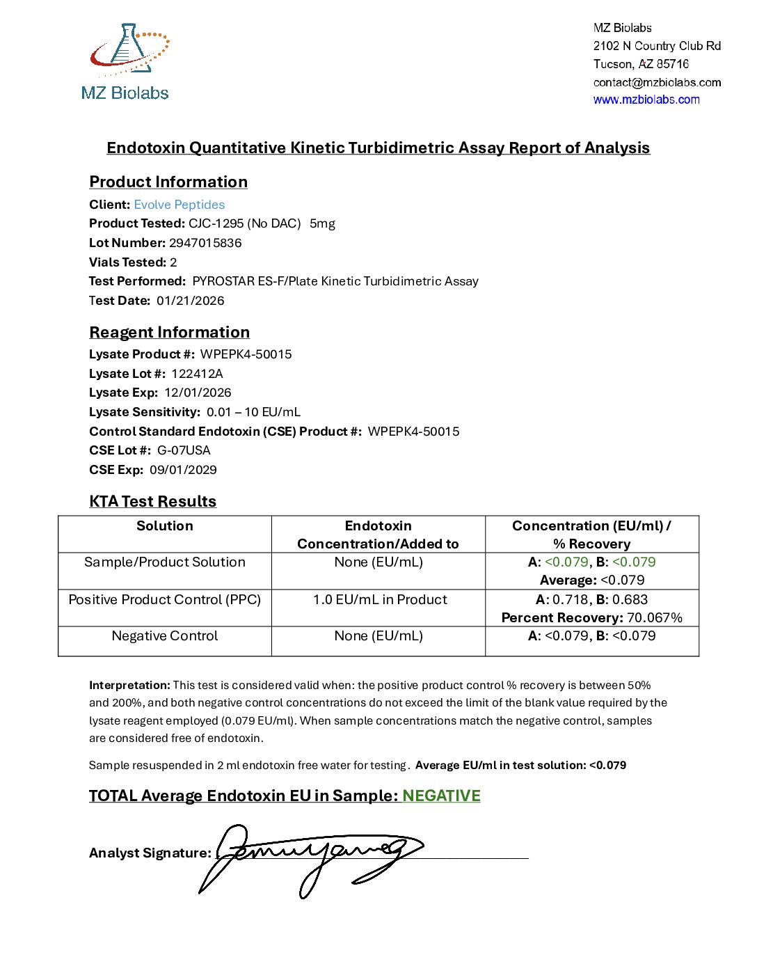 Certificate of Analysis for CJC-1295 5 mg (No DAC) from Evolve Peptides