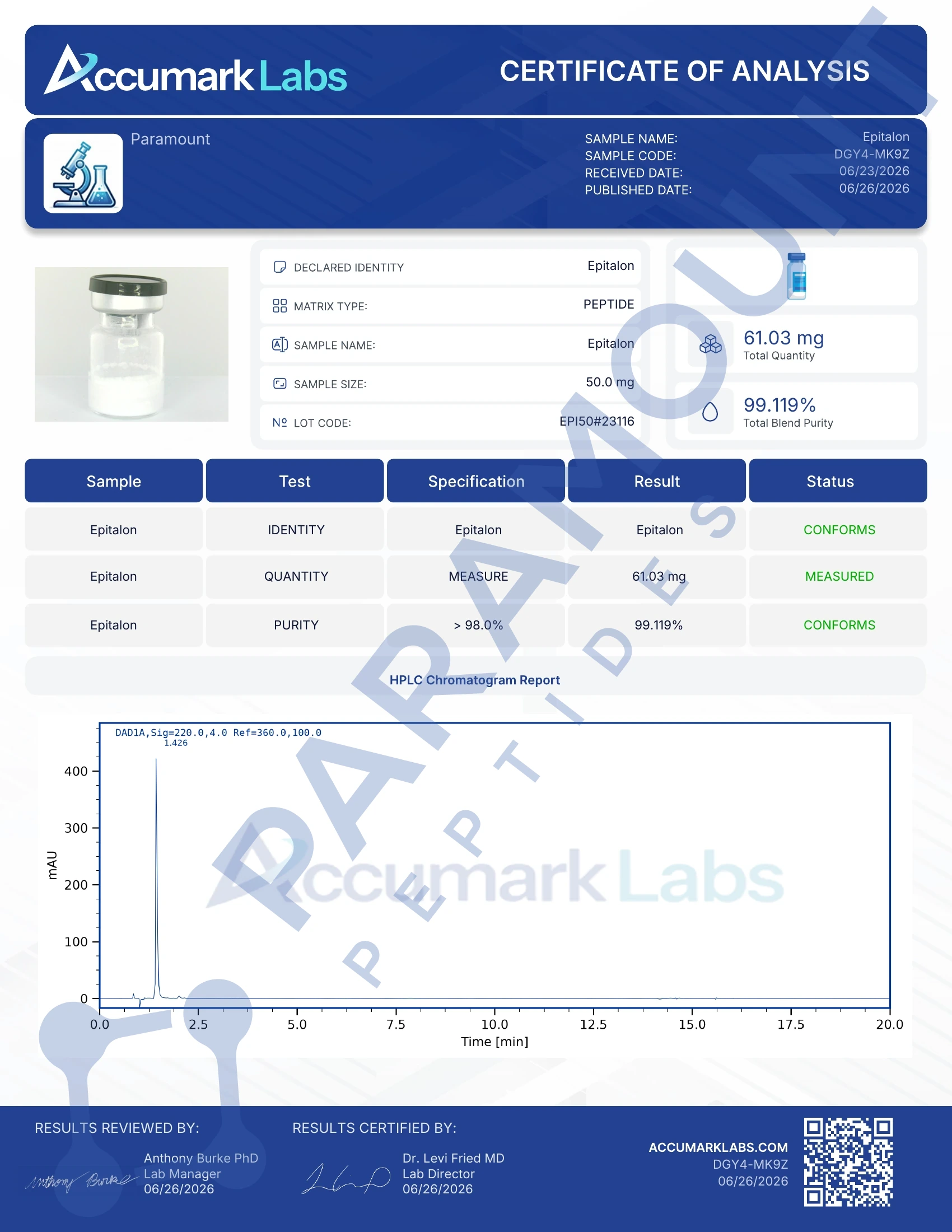 Certificate of Analysis for Epithalon (50mg) from Paramount Peptides