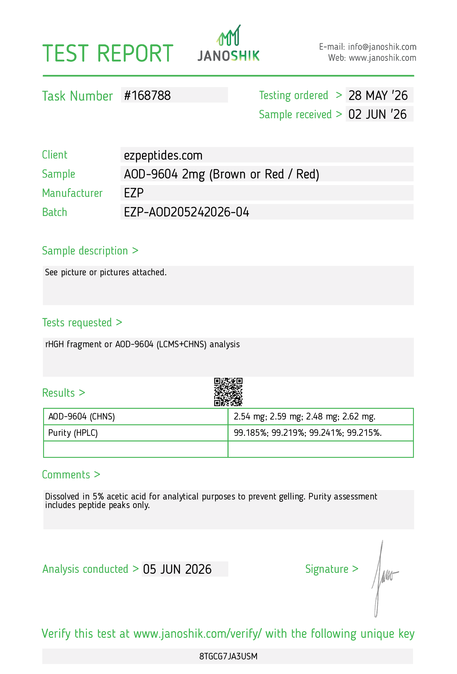 Certificate of Analysis for AOD-9604 2MG from EZ Peptides