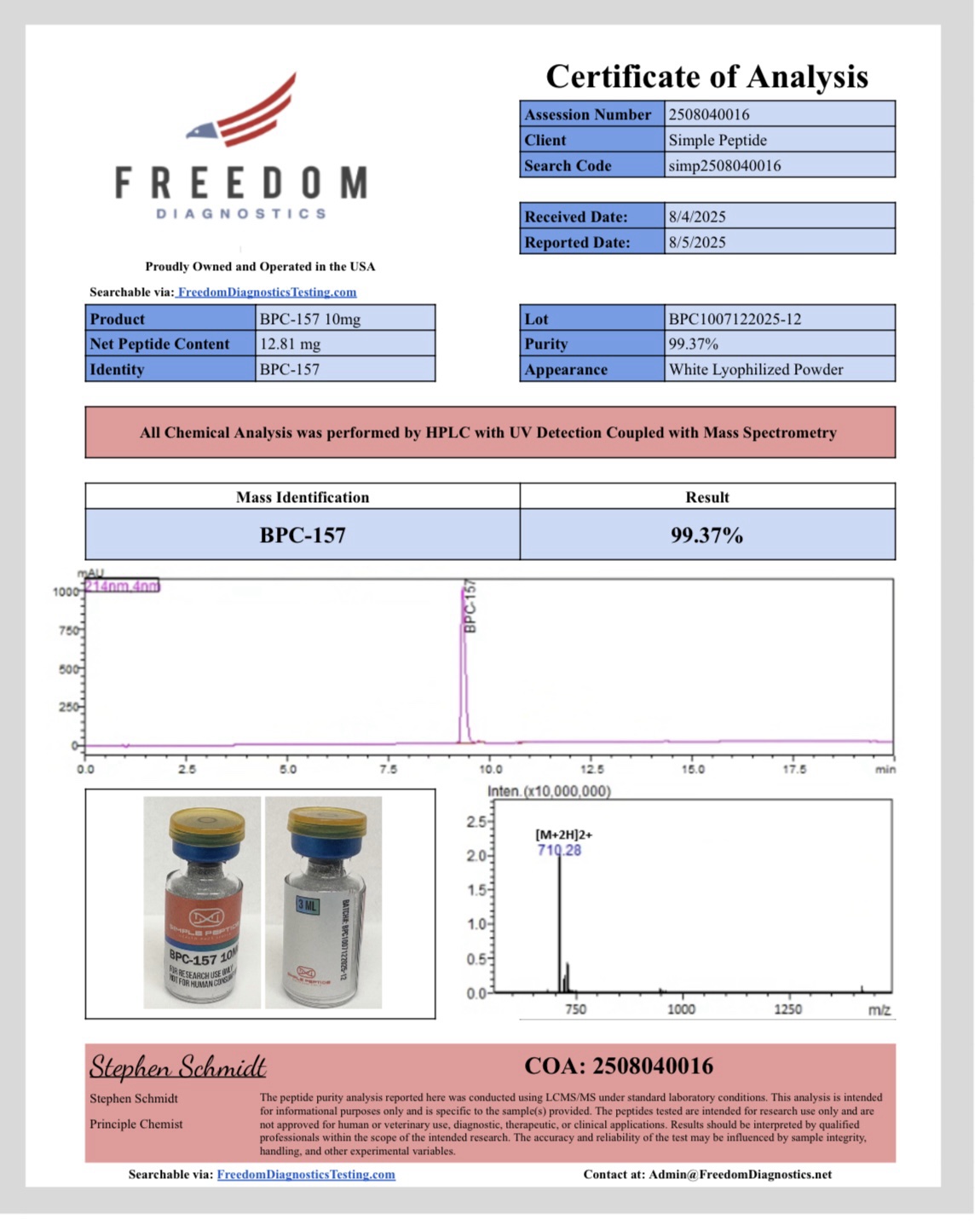 Certificate of Analysis for BPC-157 from Simple Peptide