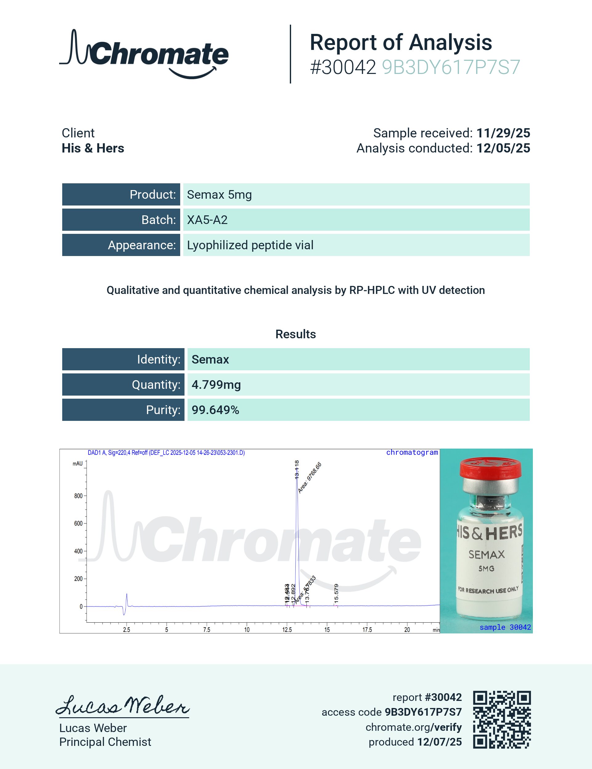 Certificate of Analysis for Semax 5mg from VAYN
