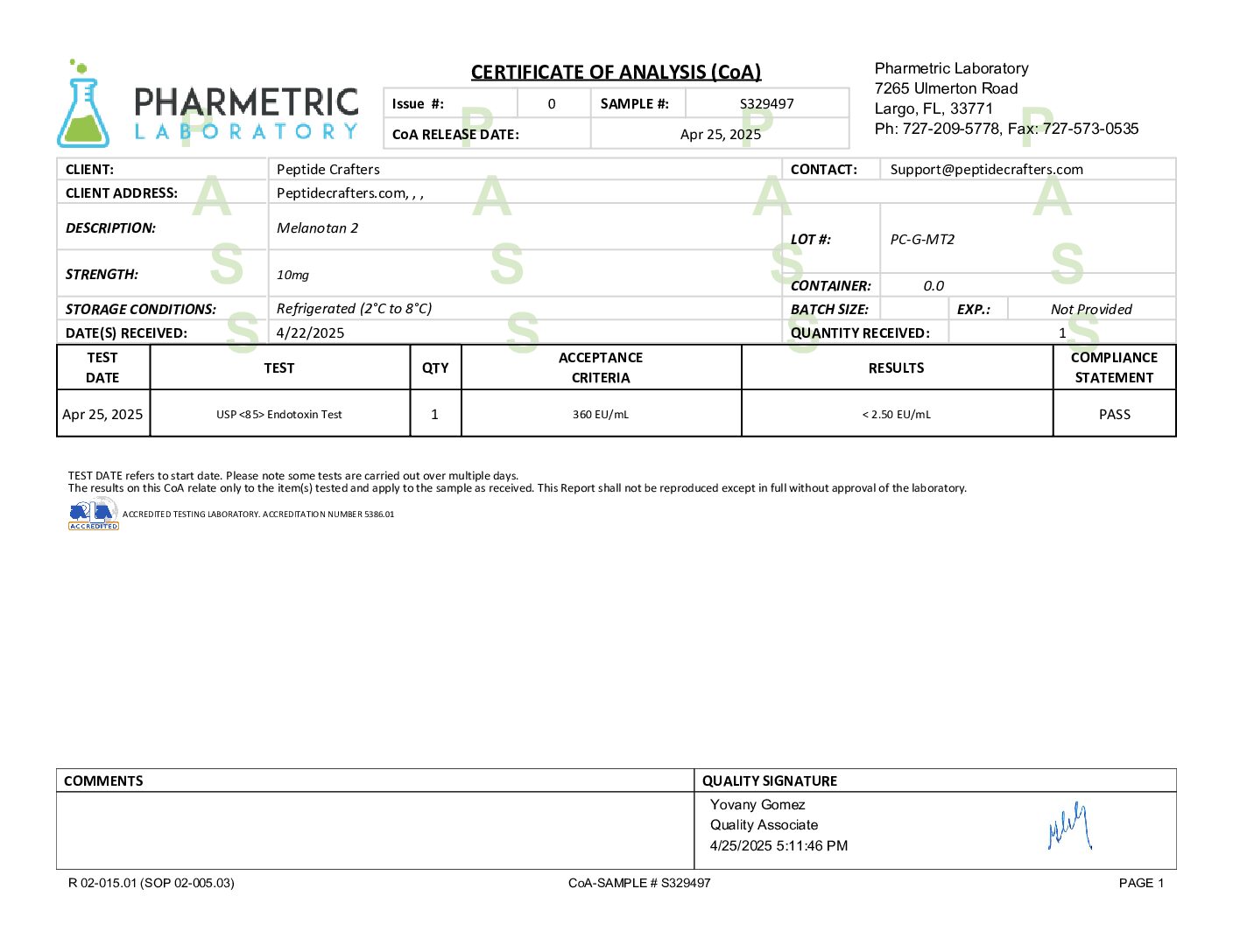 Certificate of Analysis for Melanotan 2 (10mg) from Peptide Crafters