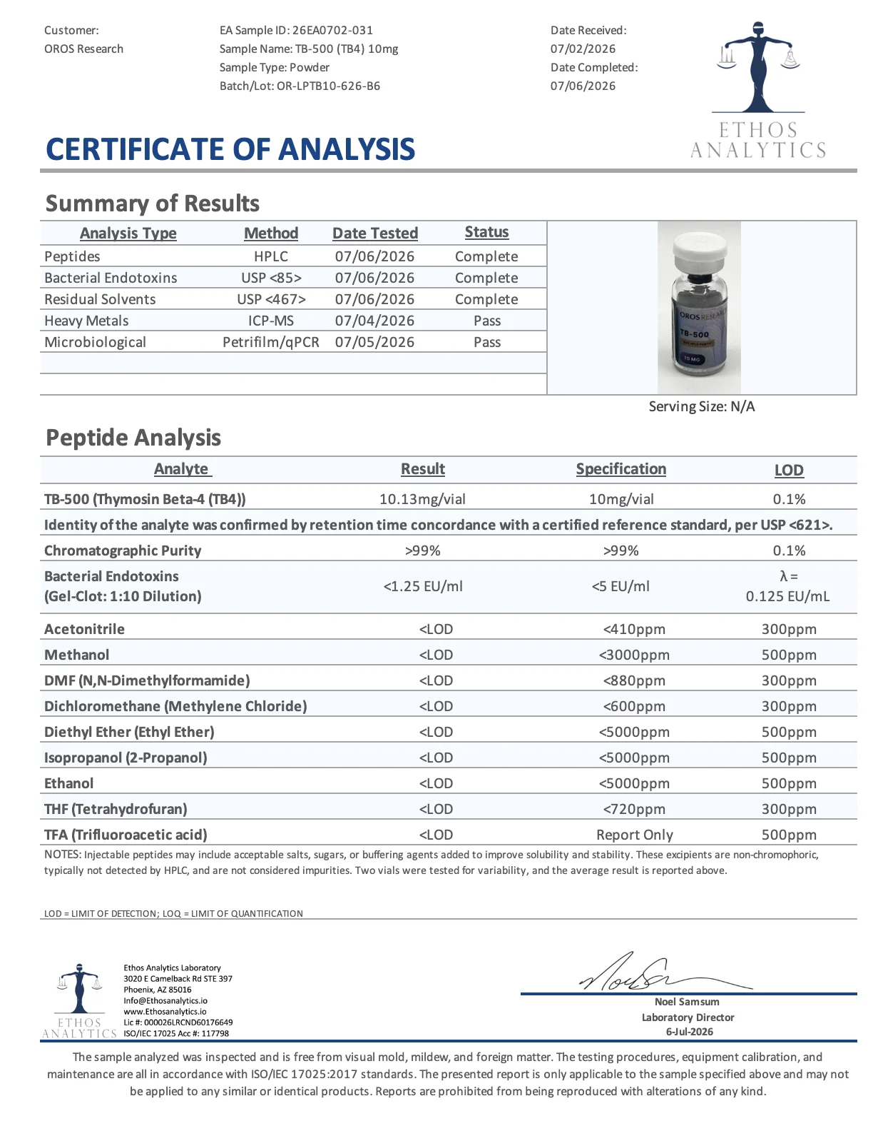 Certificate of Analysis for TB-500 from Oros Research