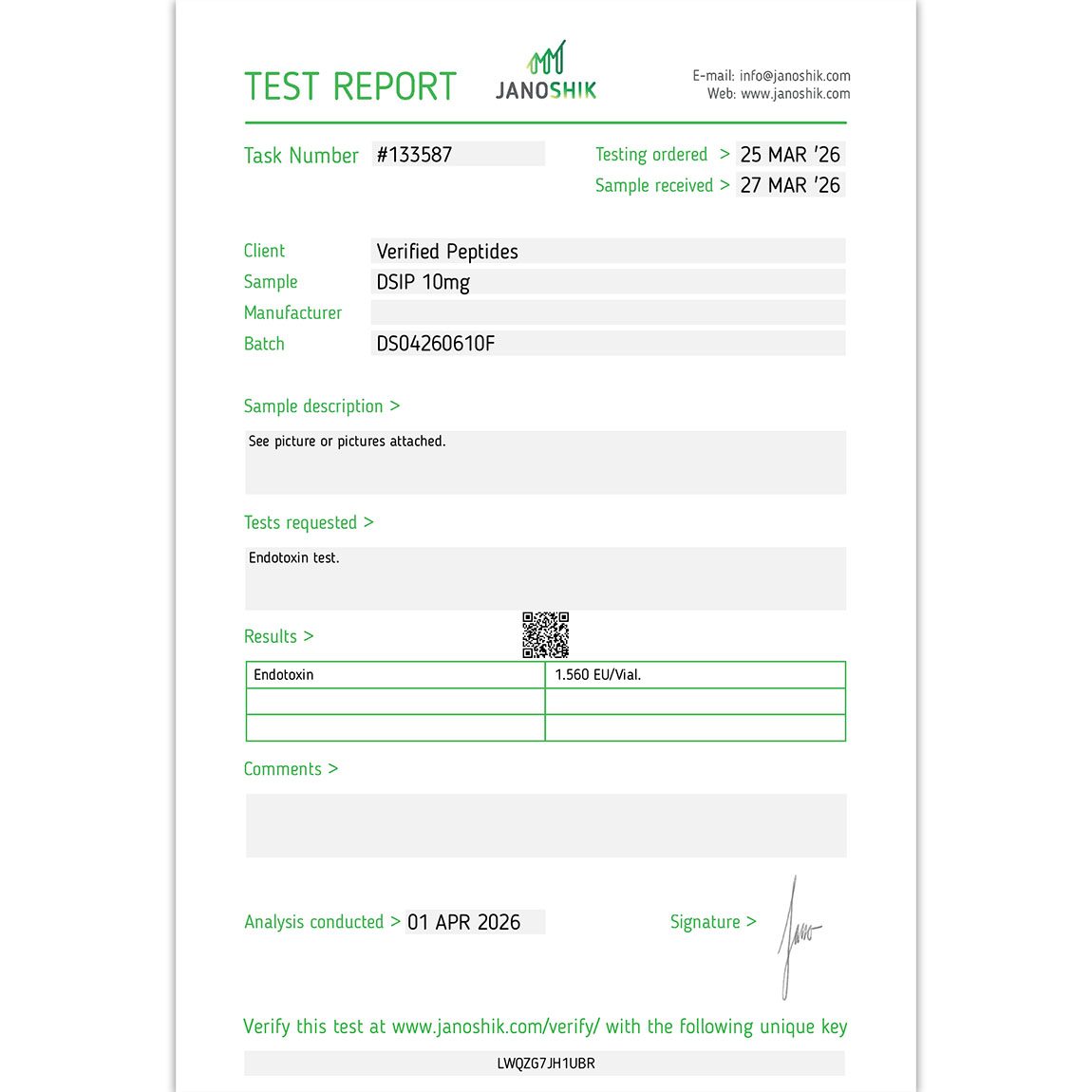 Certificate of Analysis for DSIP Peptide (10MG) from Verified Peptides