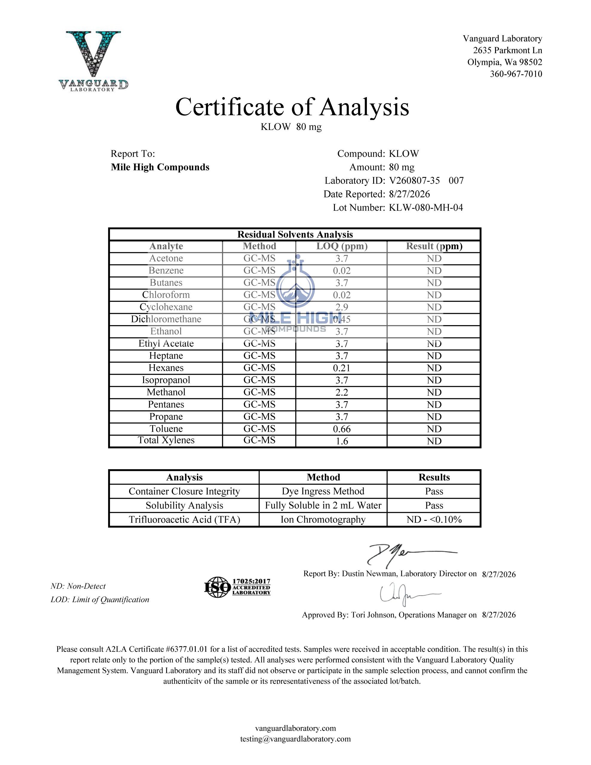 Certificate of Analysis for Klow 80 Blend from Mile High Compounds