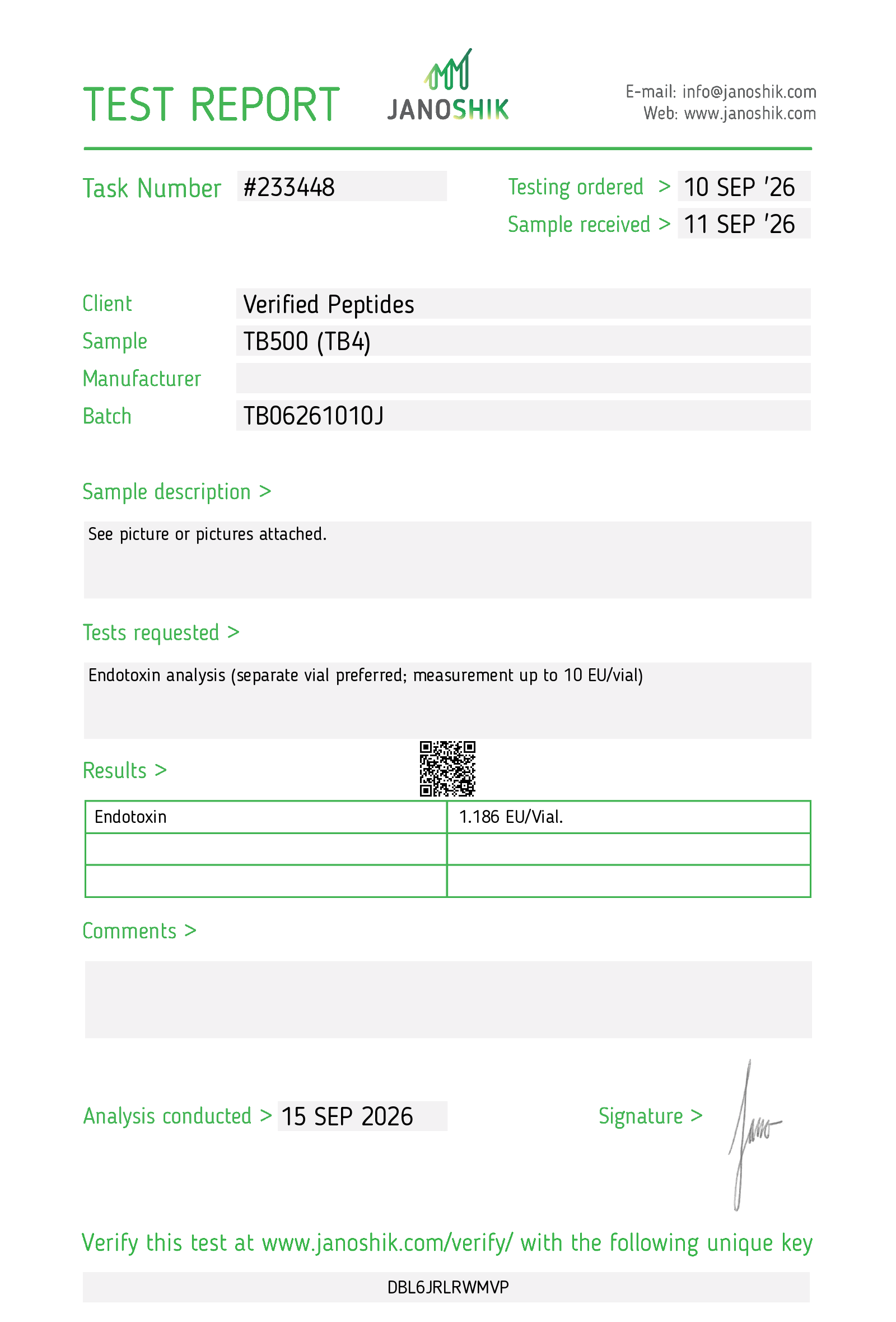 Certificate of Analysis for TB-500 Peptide (TB4) 10MG from Verified Peptides