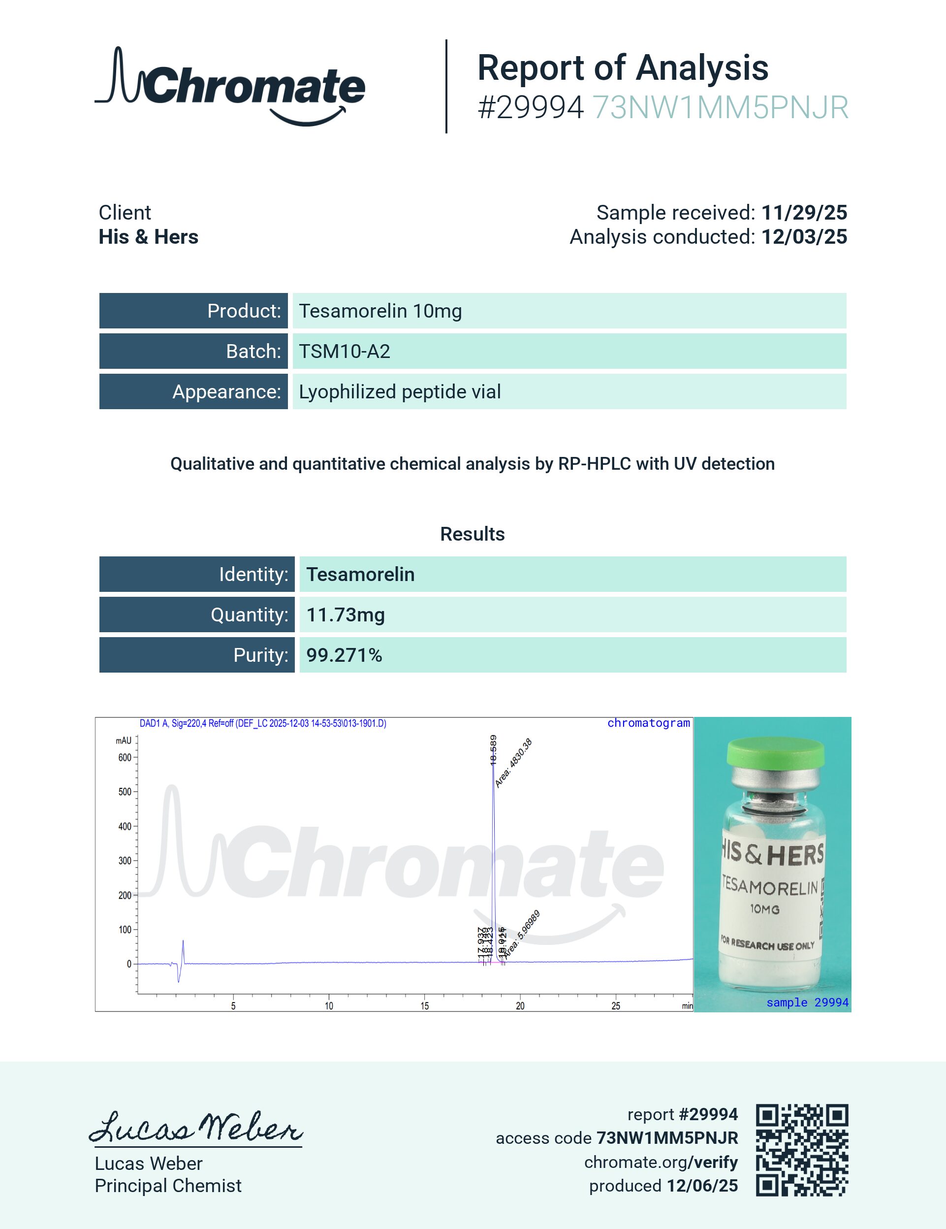 Certificate of Analysis for Tesamorelin 10mg from VAYN