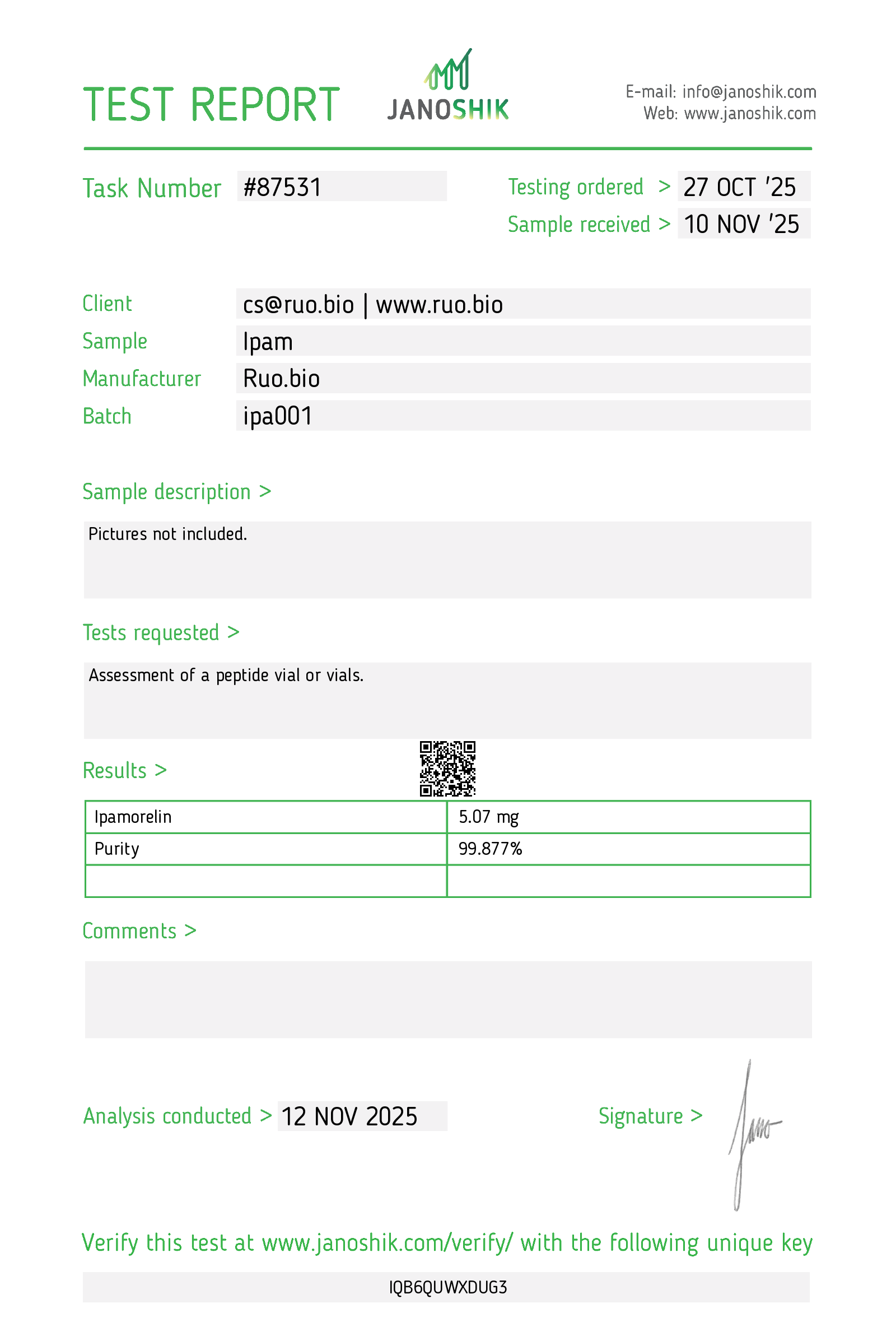 Certificate of Analysis for Ipamorelin 5mg from RUO