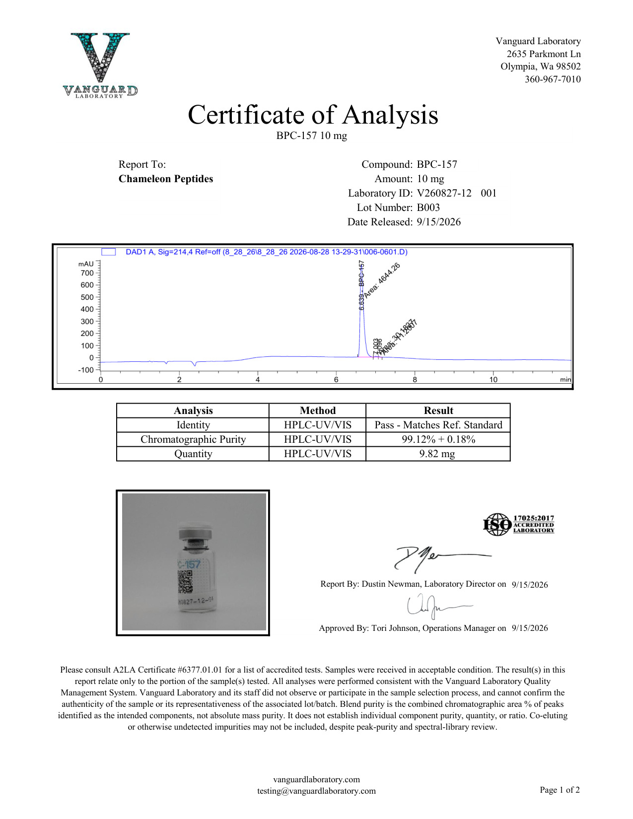Certificate of Analysis for BPC-157 from Chameleon Peptides