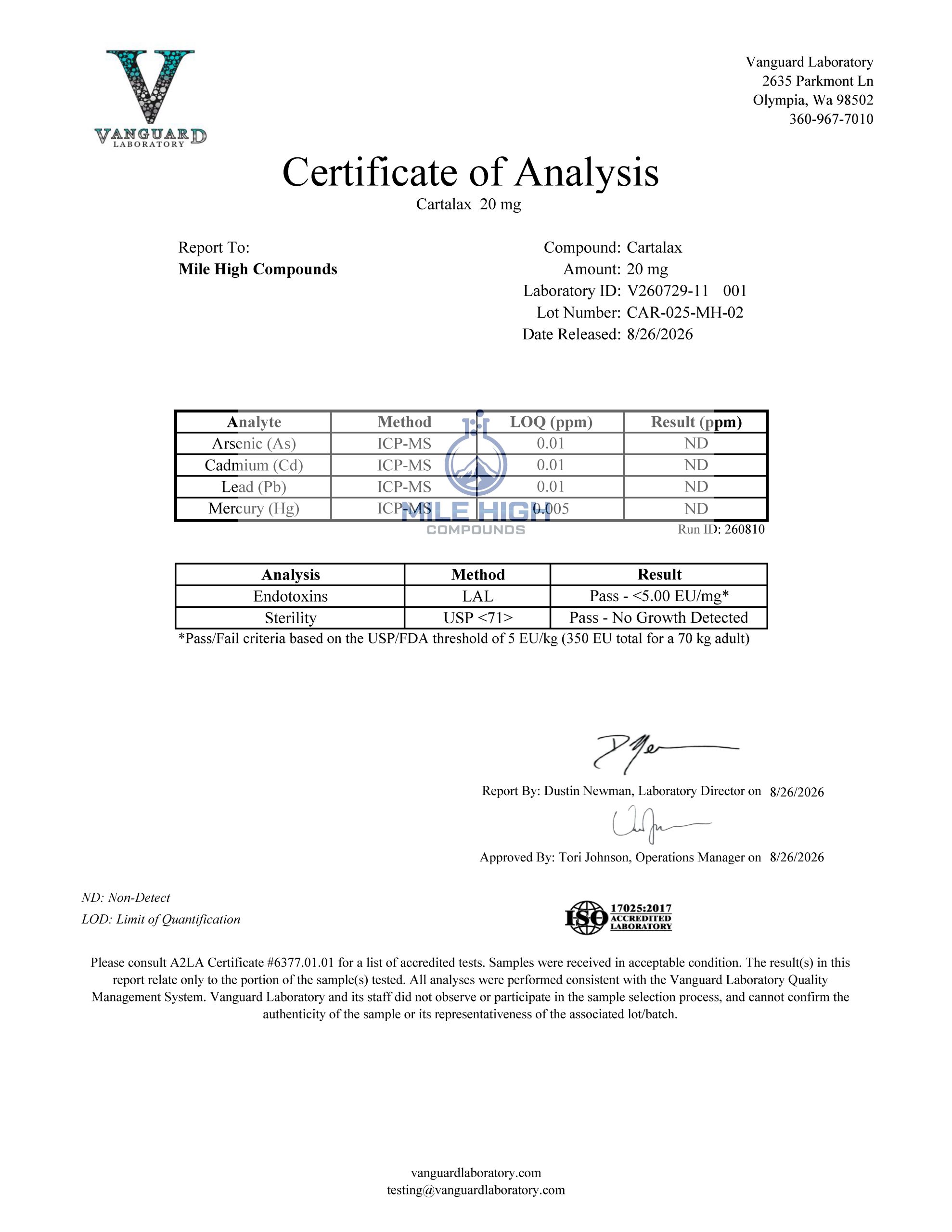 Certificate of Analysis for Cartalax from Mile High Compounds