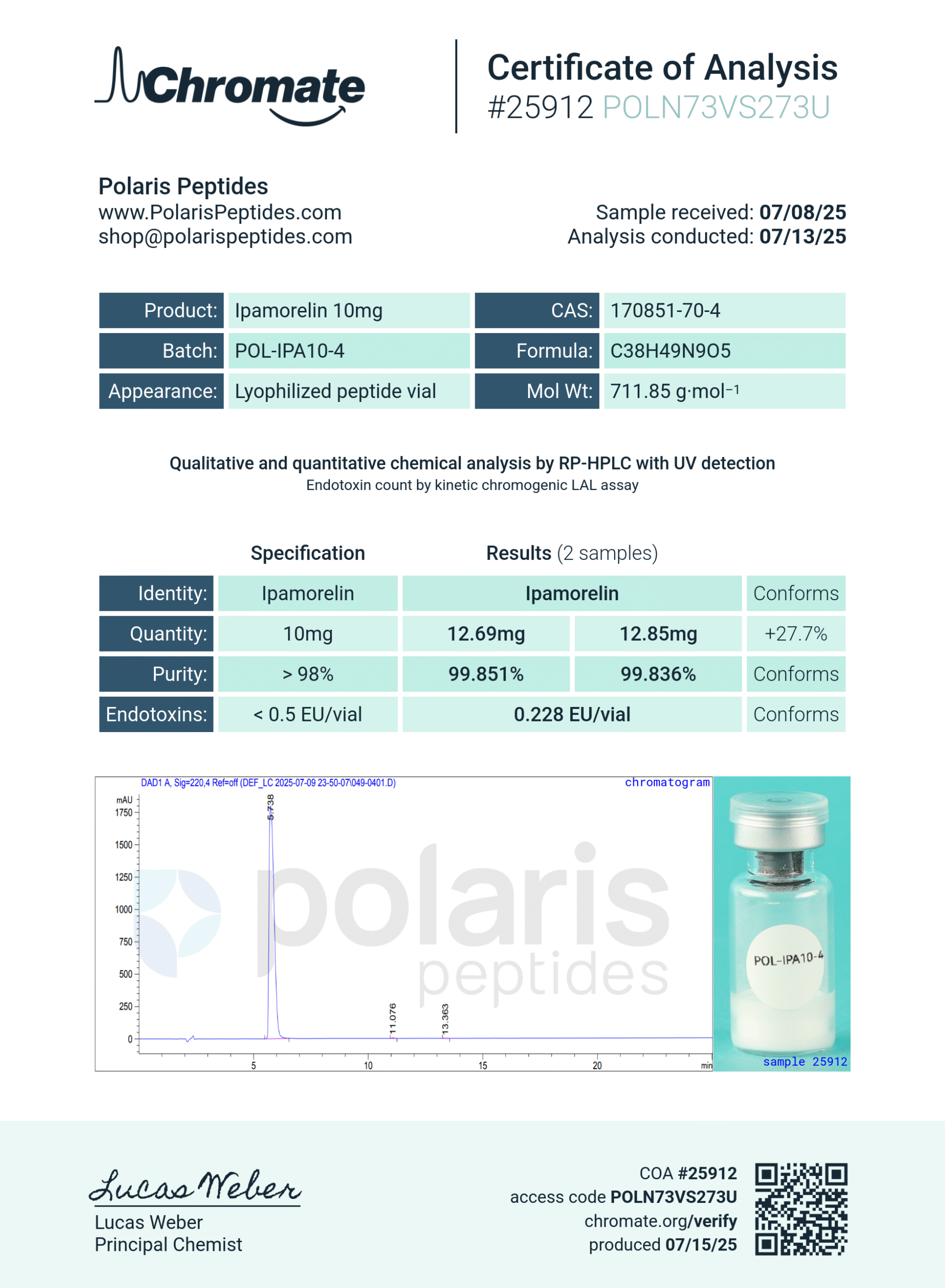 Certificate of Analysis for Ipamorelin 10mg from Polaris Peptides