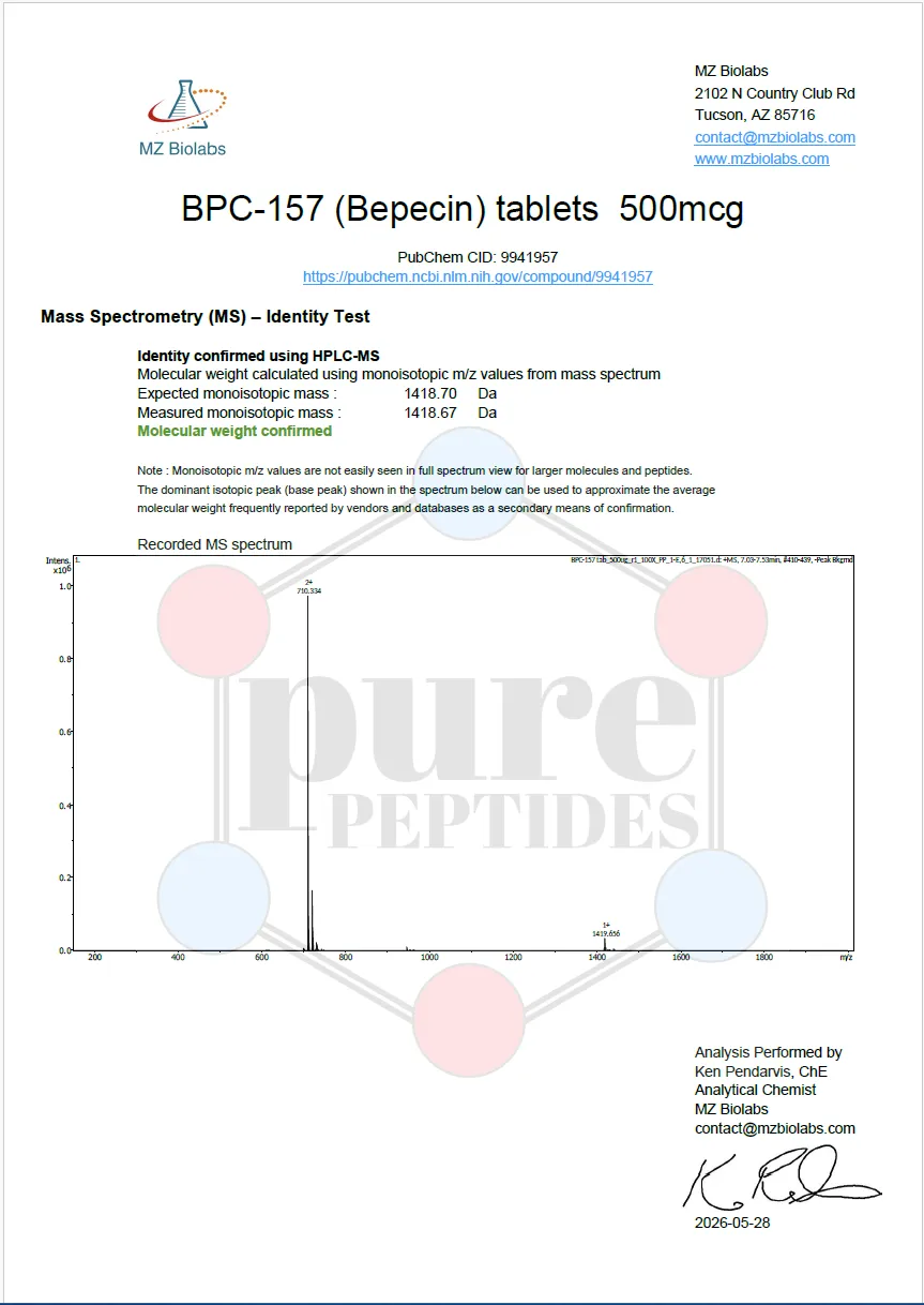 Certificate of Analysis for BPC 157 ARGININE TABLETS from Pure Peptides Bio