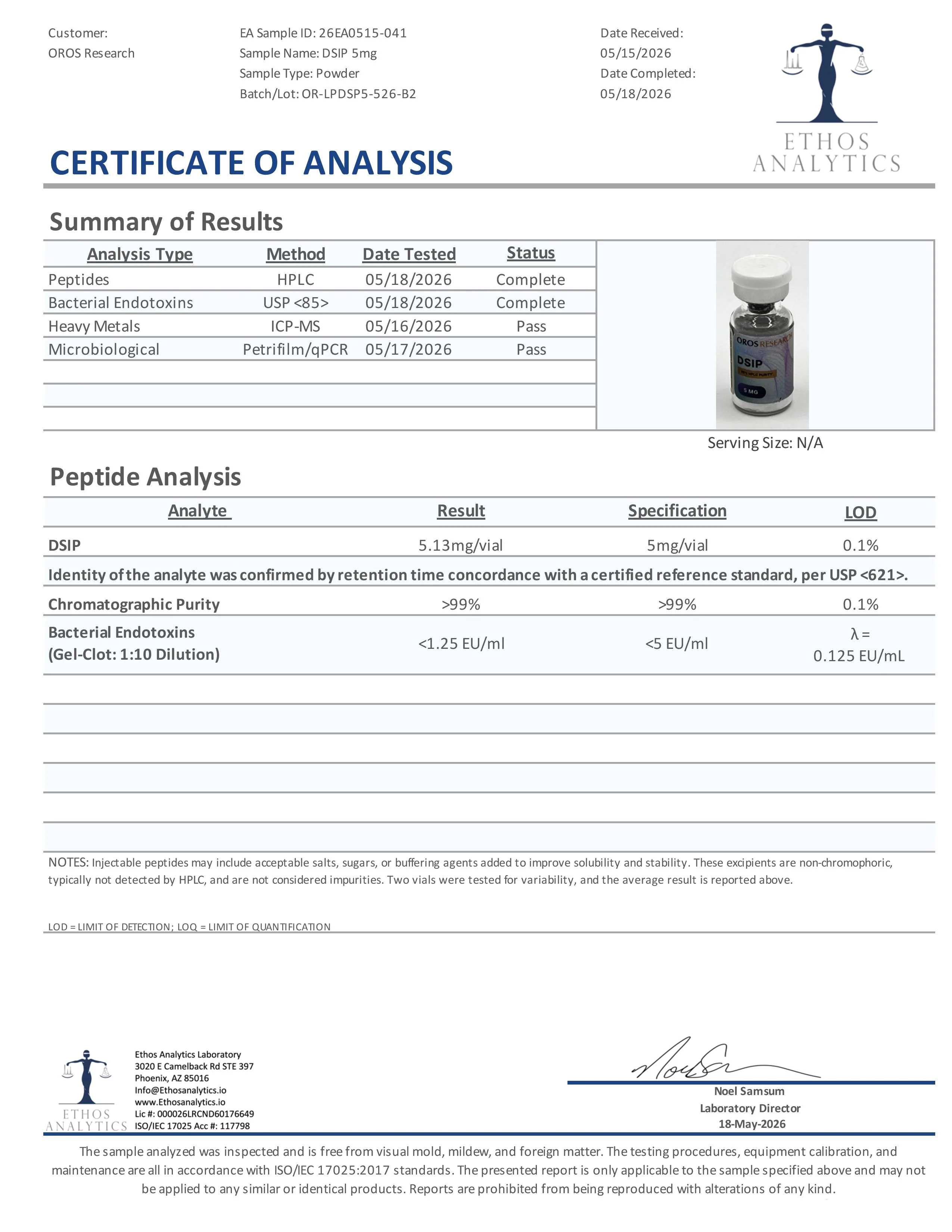 Certificate of Analysis for DSIP from Oros Research