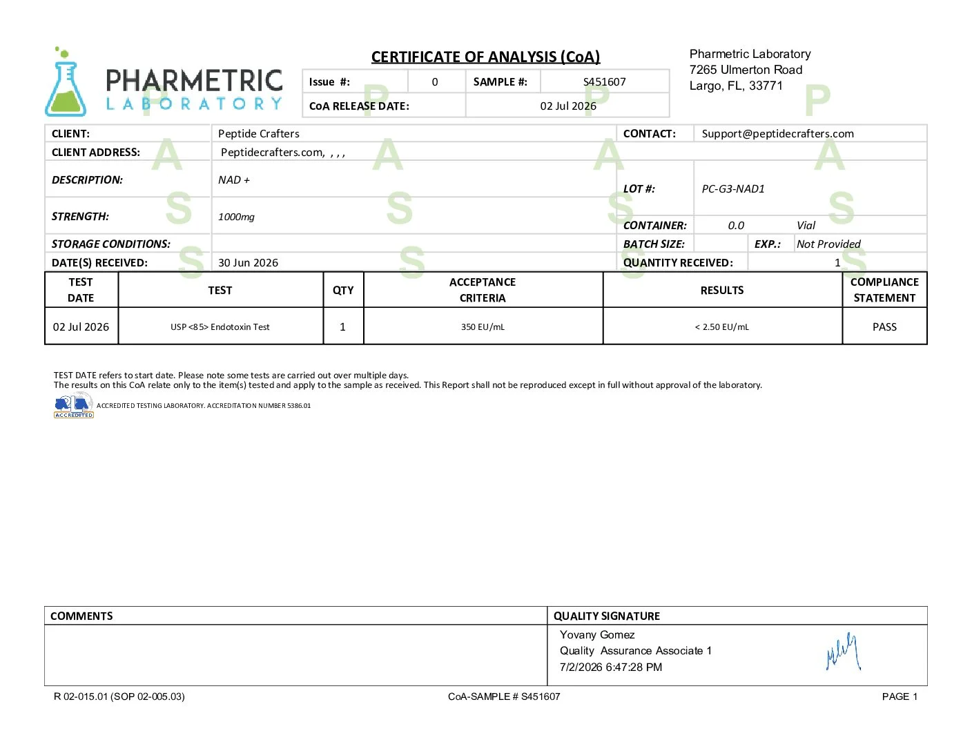 Certificate of Analysis for NAD+ (1000mg) Buffered - In large 8ml Vial [Lyophilized] from Peptide Crafters