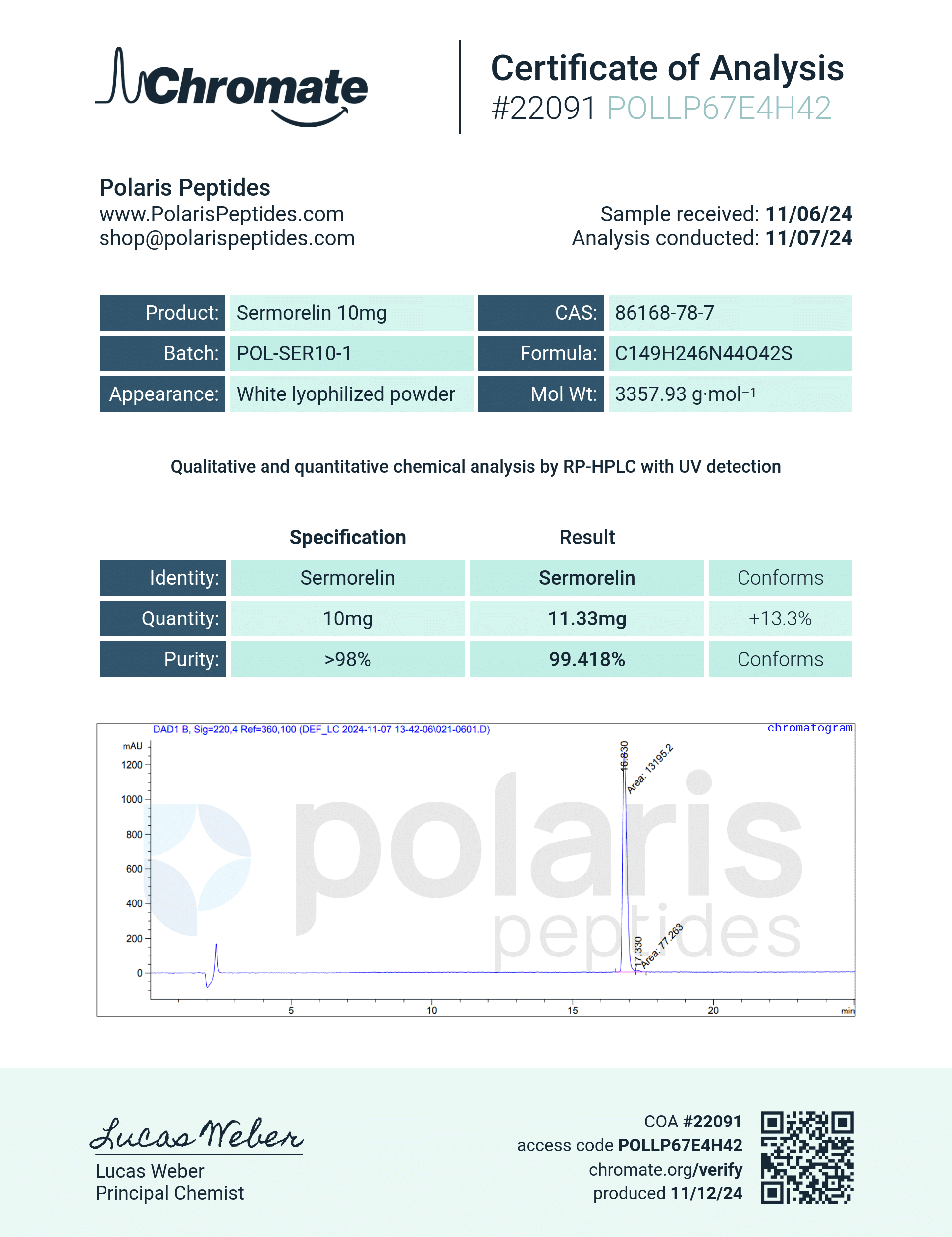 Certificate of Analysis for Sermorelin 10mg from Polaris Peptides
