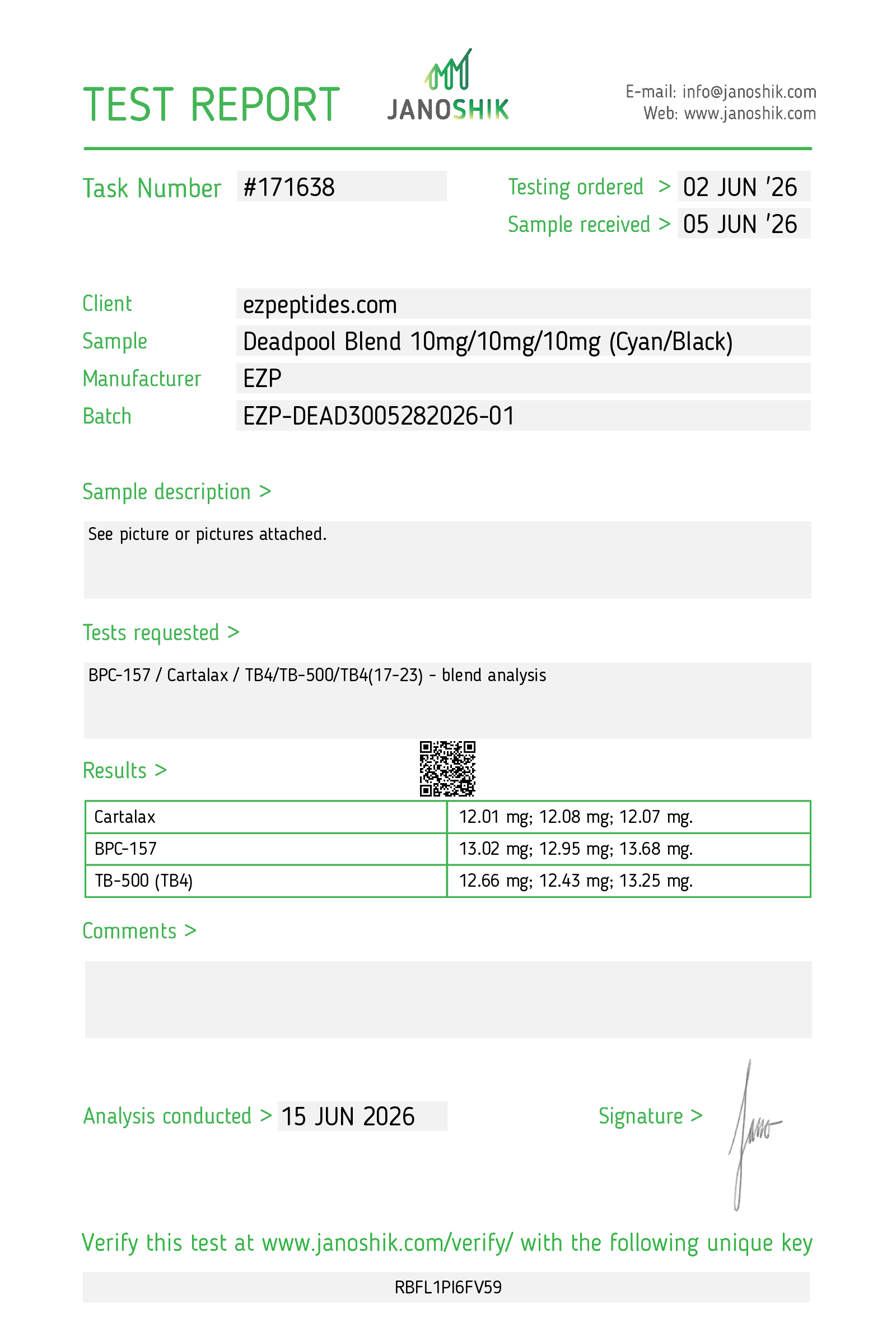 Certificate of Analysis for Deadpool Blend (BPC-157/TB4/Cartalax) 10MG/10MG/10MG from EZ Peptides