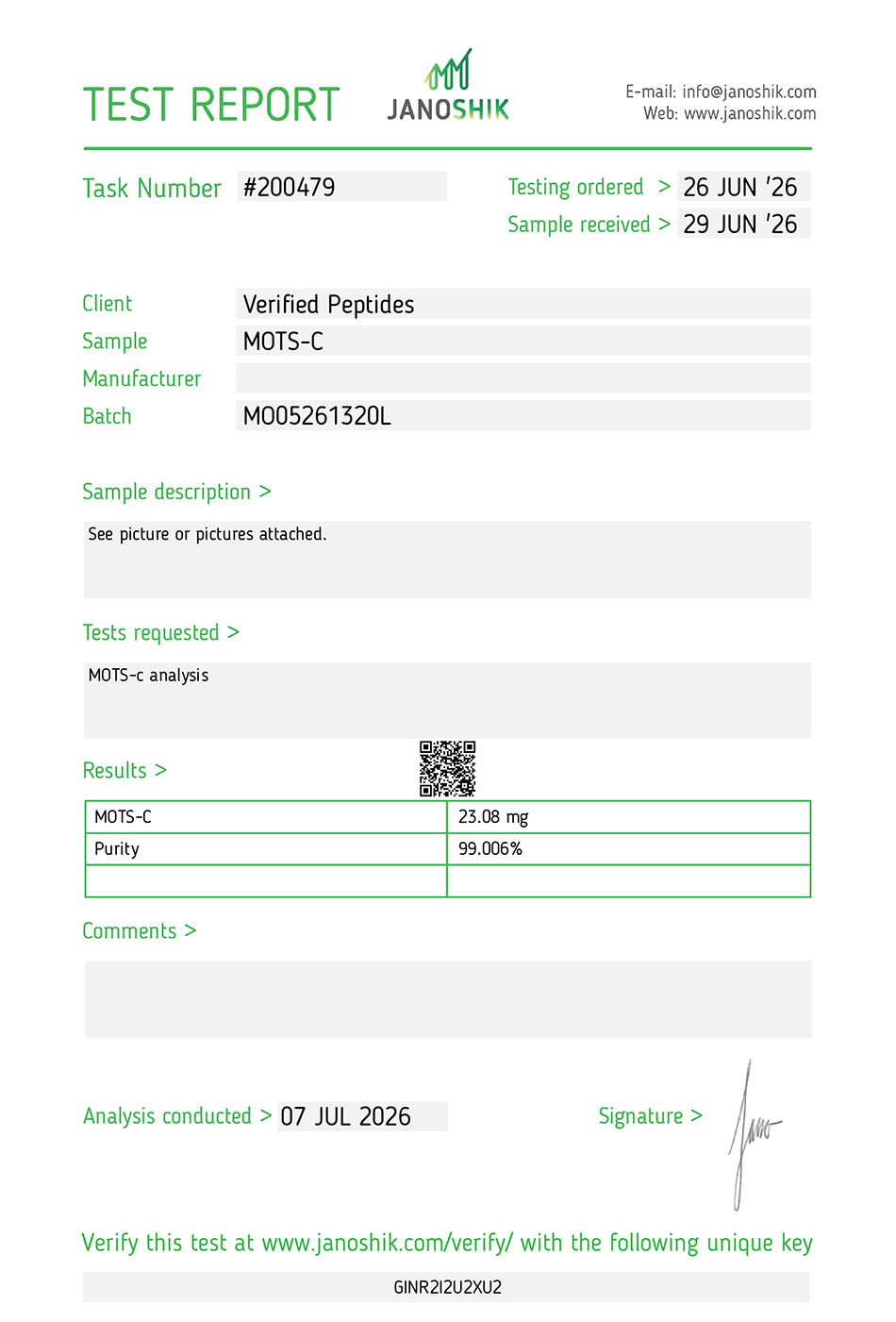 Certificate of Analysis for MOTS-C Peptide (20MG) from Verified Peptides