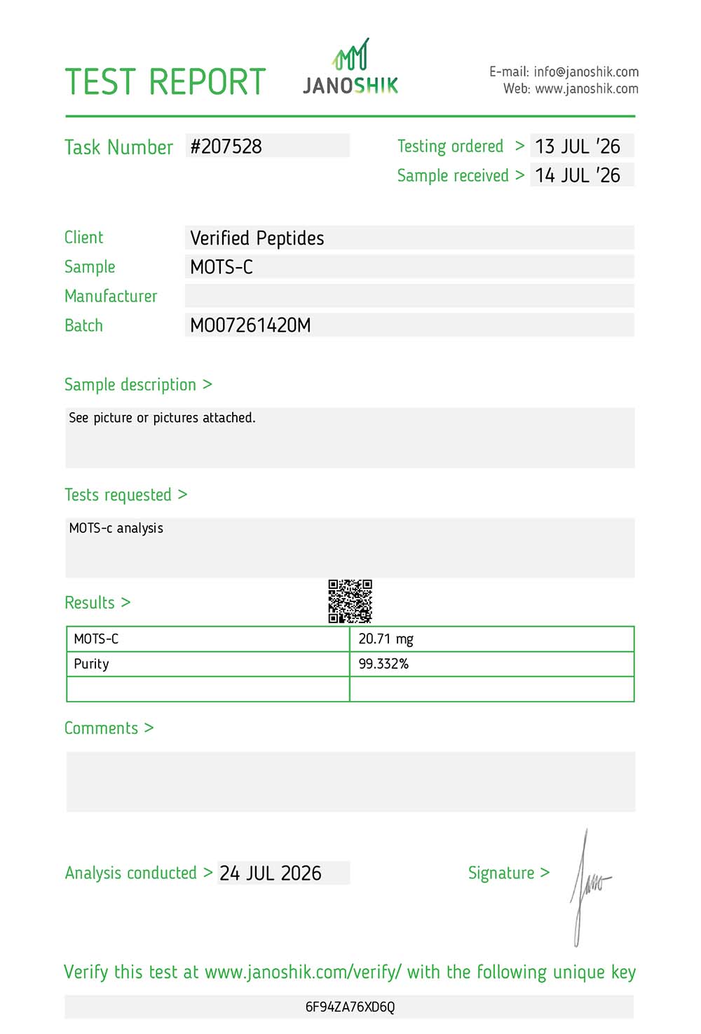 Certificate of Analysis for MOTS-C Peptide (20MG) from Verified Peptides