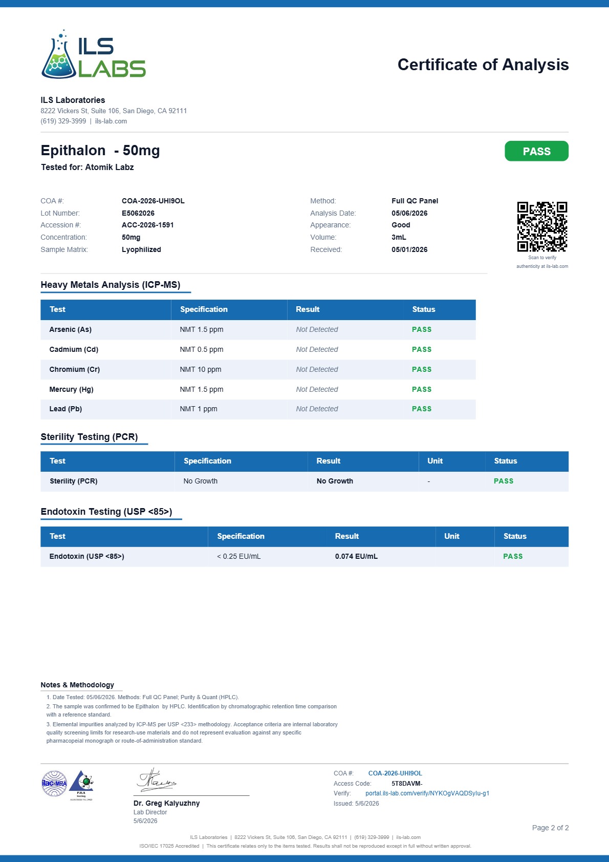 Certificate of Analysis for Epitalon from Atomik Labz