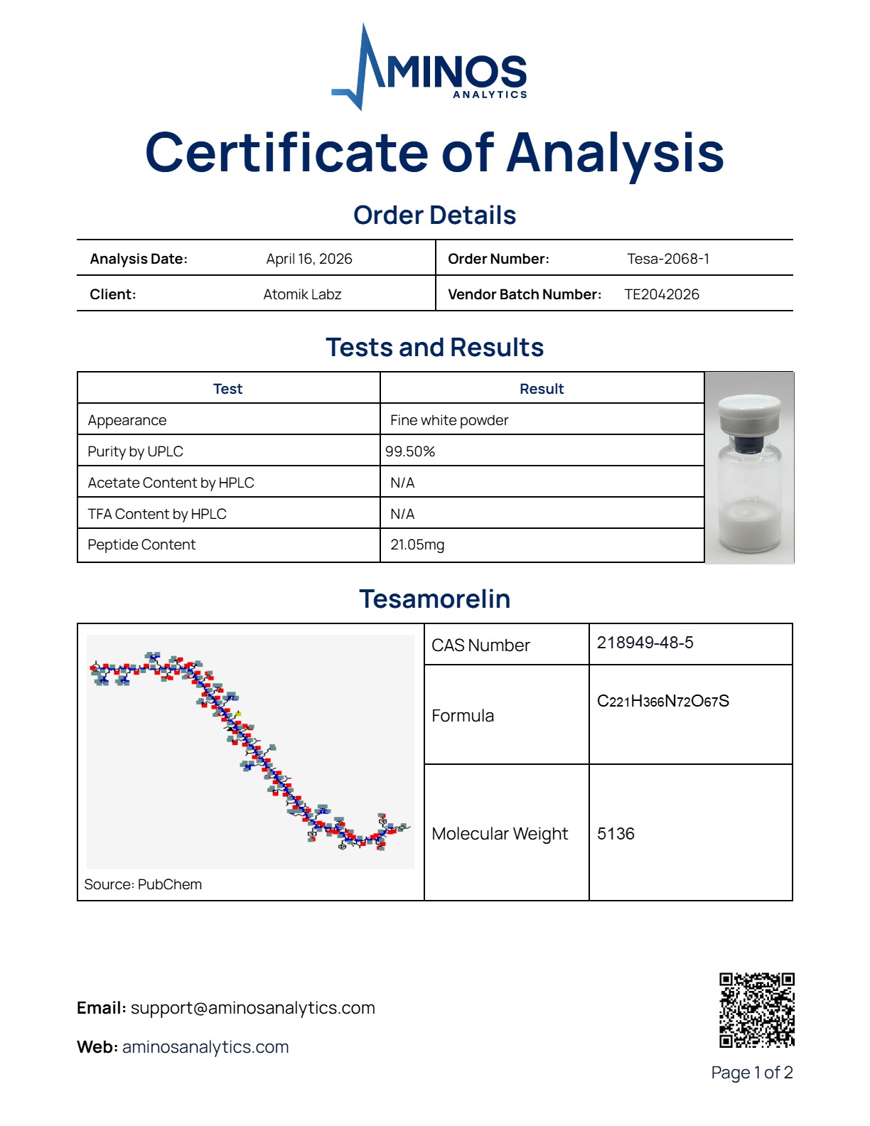 Certificate of Analysis for Tesamorelin from Atomik Labz