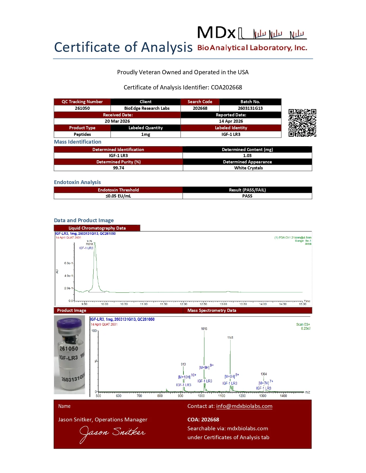Certificate of Analysis for IGF-1 LR3 (1mg) from BioEdge Research Labs