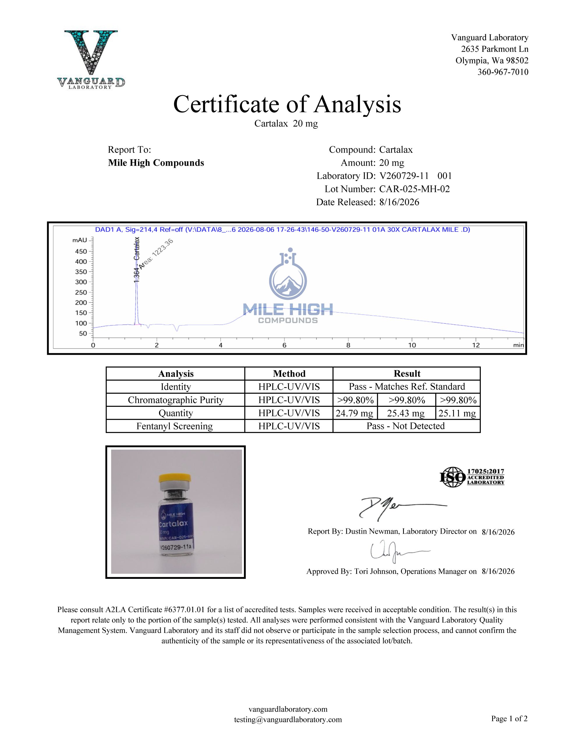 Certificate of Analysis for Cartalax from Mile High Compounds