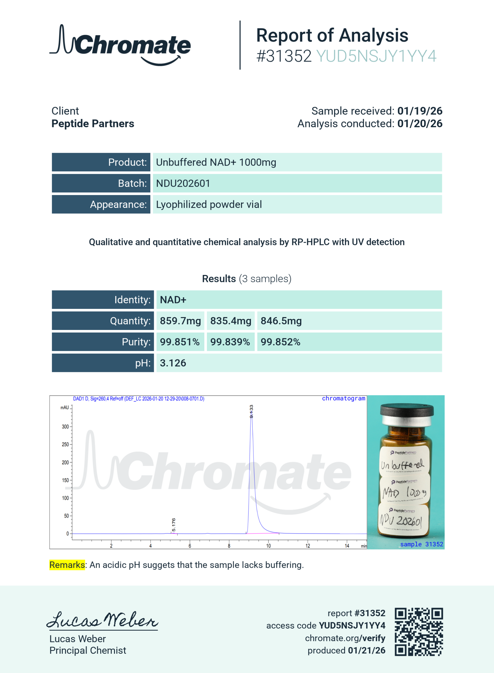 Certificate of Analysis for NAD+ Unbuffered from Peptide Partners