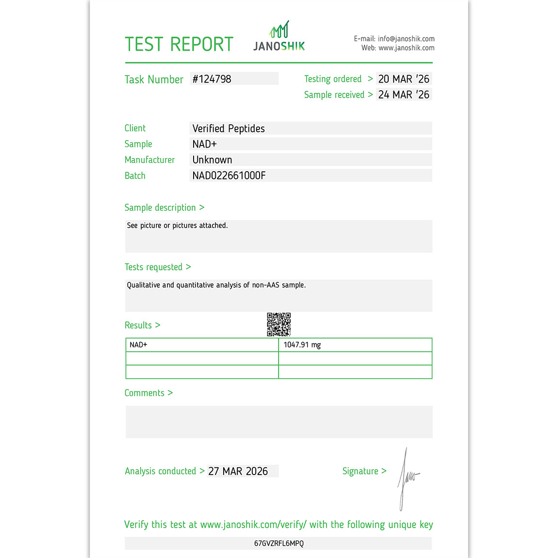 Certificate of Analysis for NAD+ Peptide (1000MG) from Verified Peptides