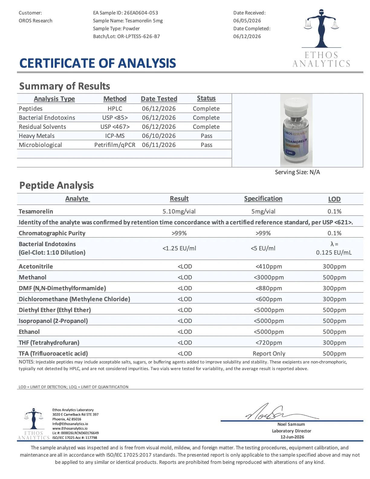 Certificate of Analysis for Tesamorelin from Oros Research
