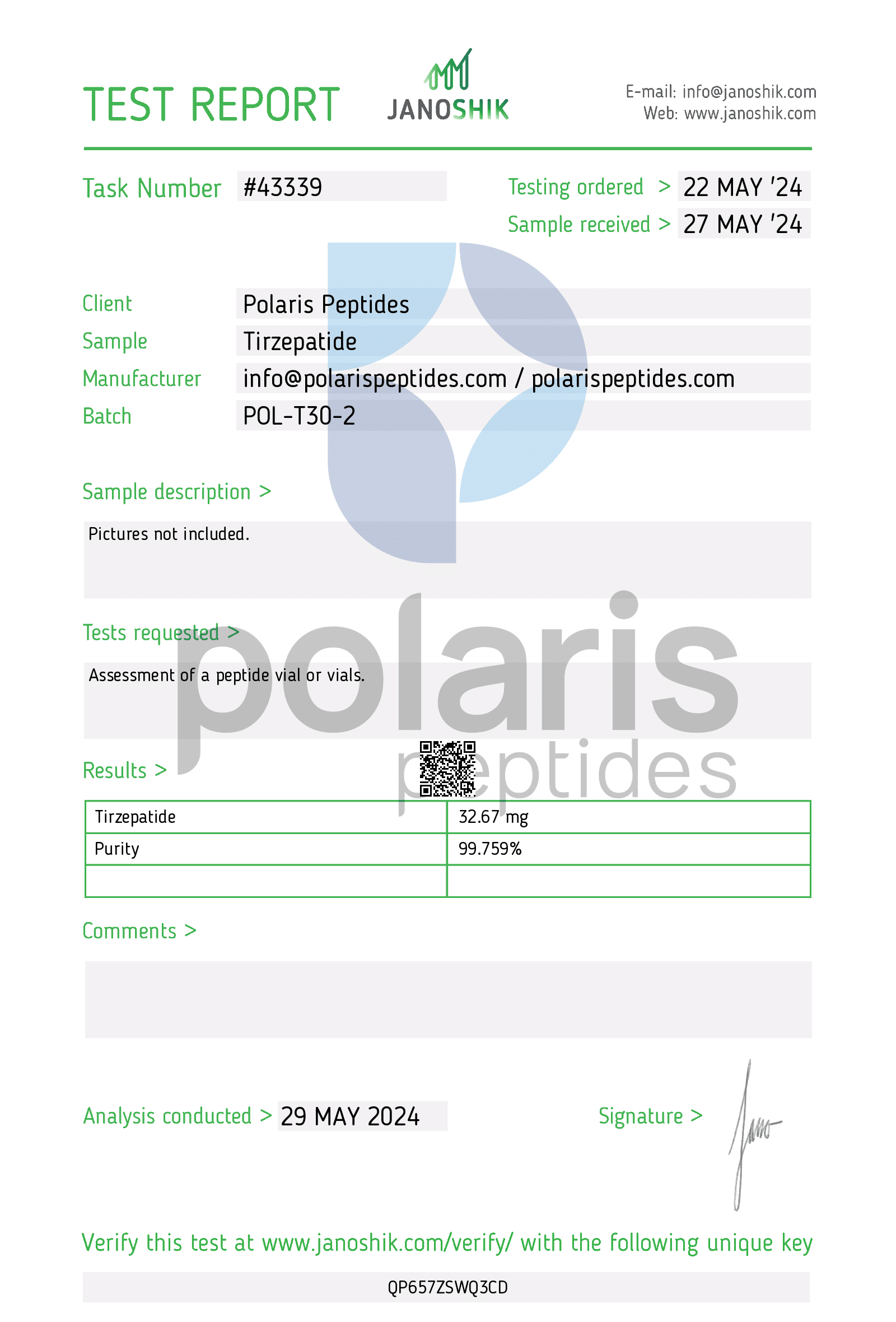Certificate of Analysis for Tirzepatide 30mg from Polaris Peptides
