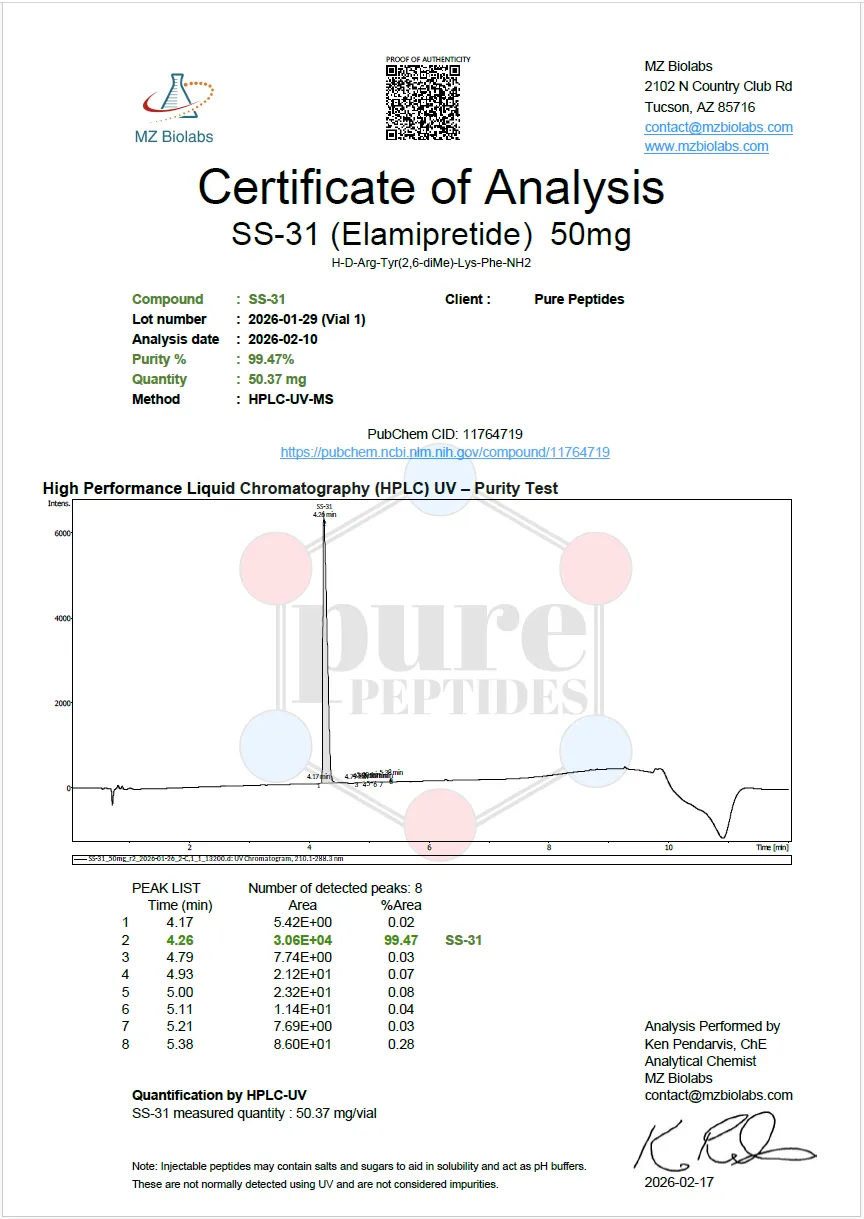 Certificate of Analysis for SS 31 50MG from Pure Peptides Bio